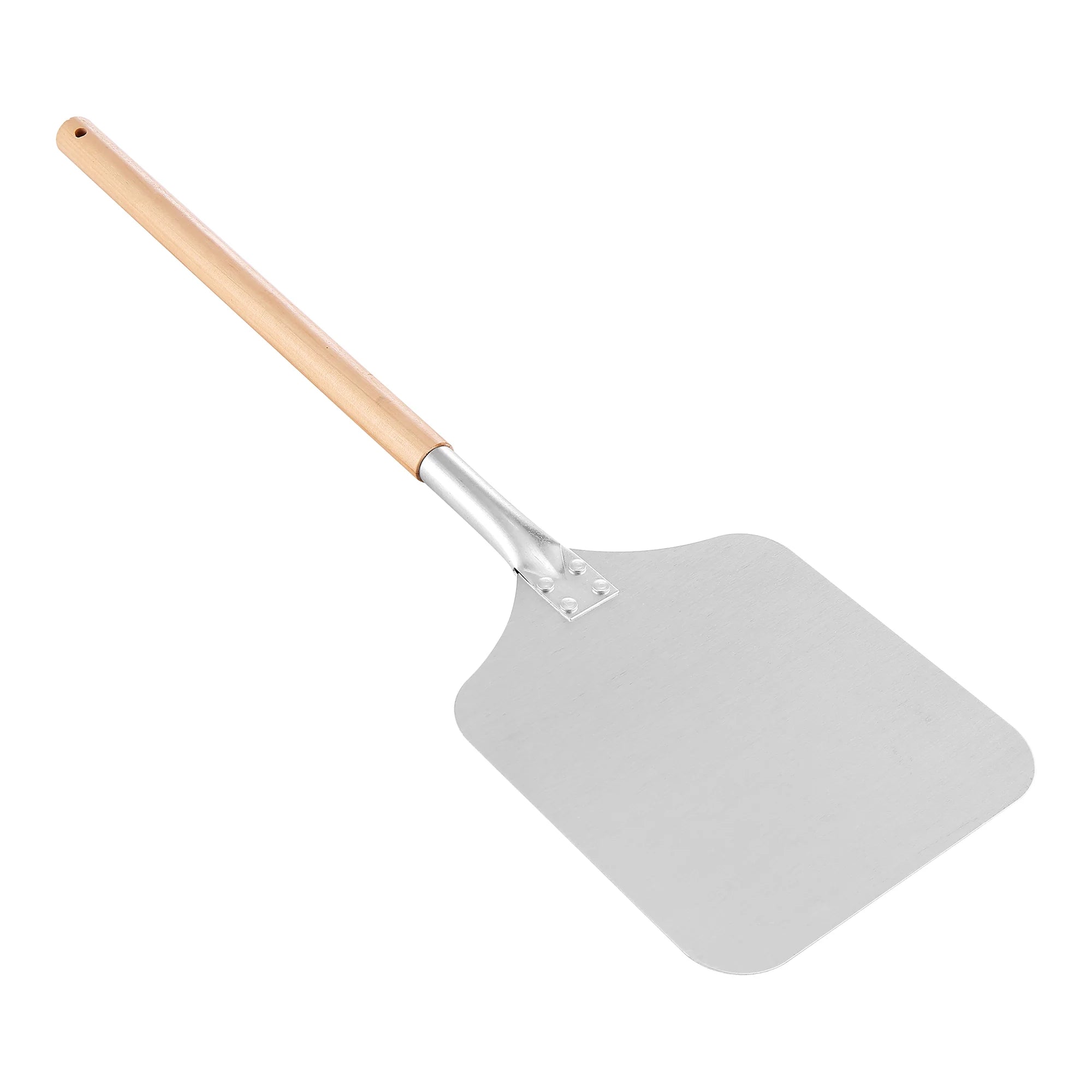Wood-handled pizza peel with flat metal blade for lifting pizza