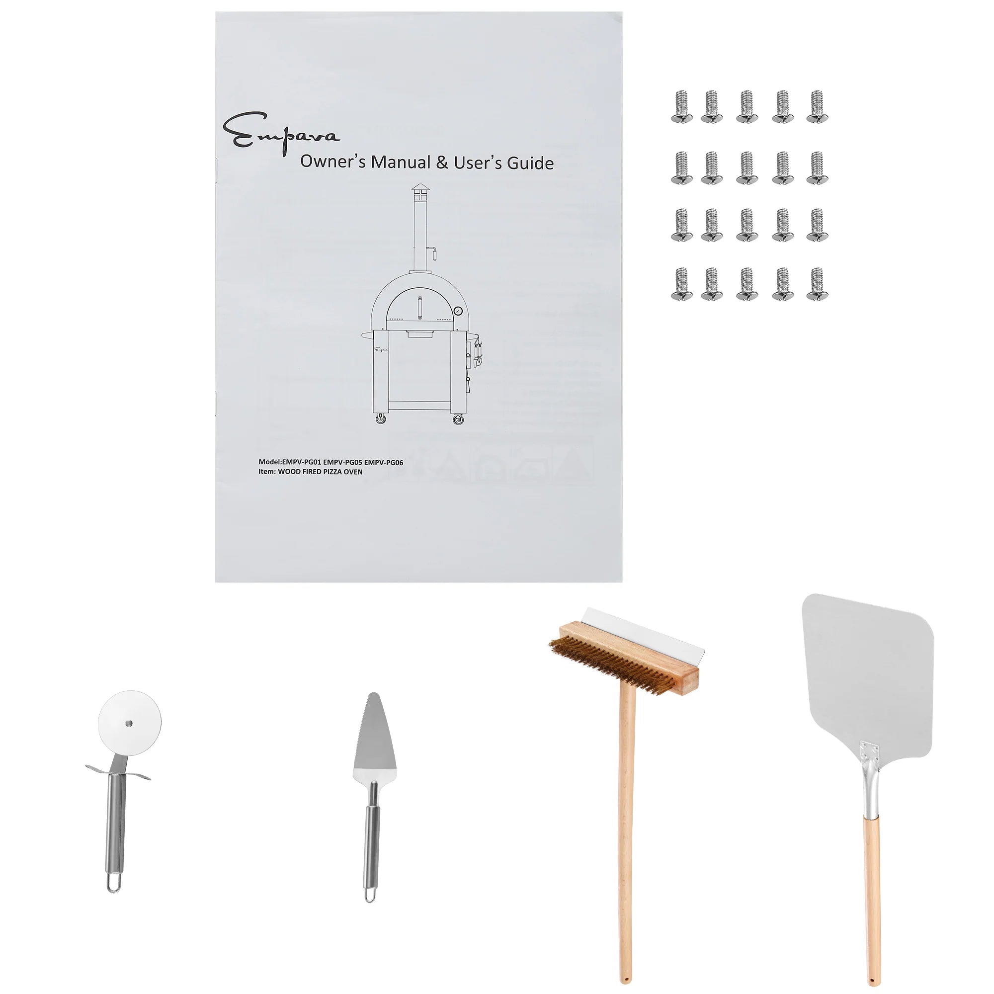 Pizza oven accessories set with owner's guide, screws, wooden-handled brush and peel