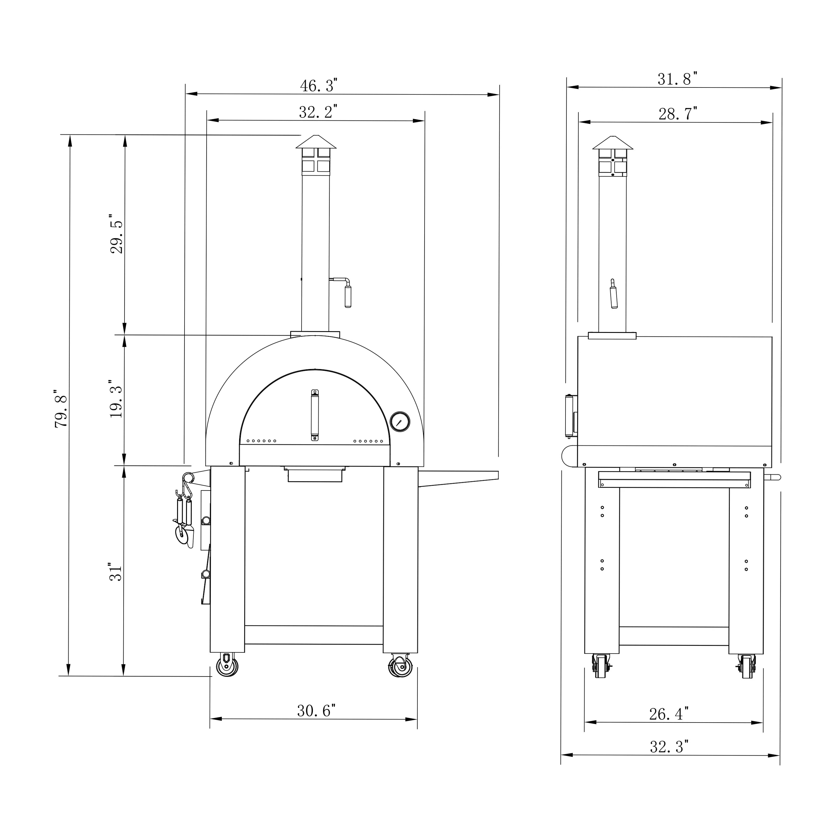 Wood fired pizza oven dimensions diagram with front and side measurements