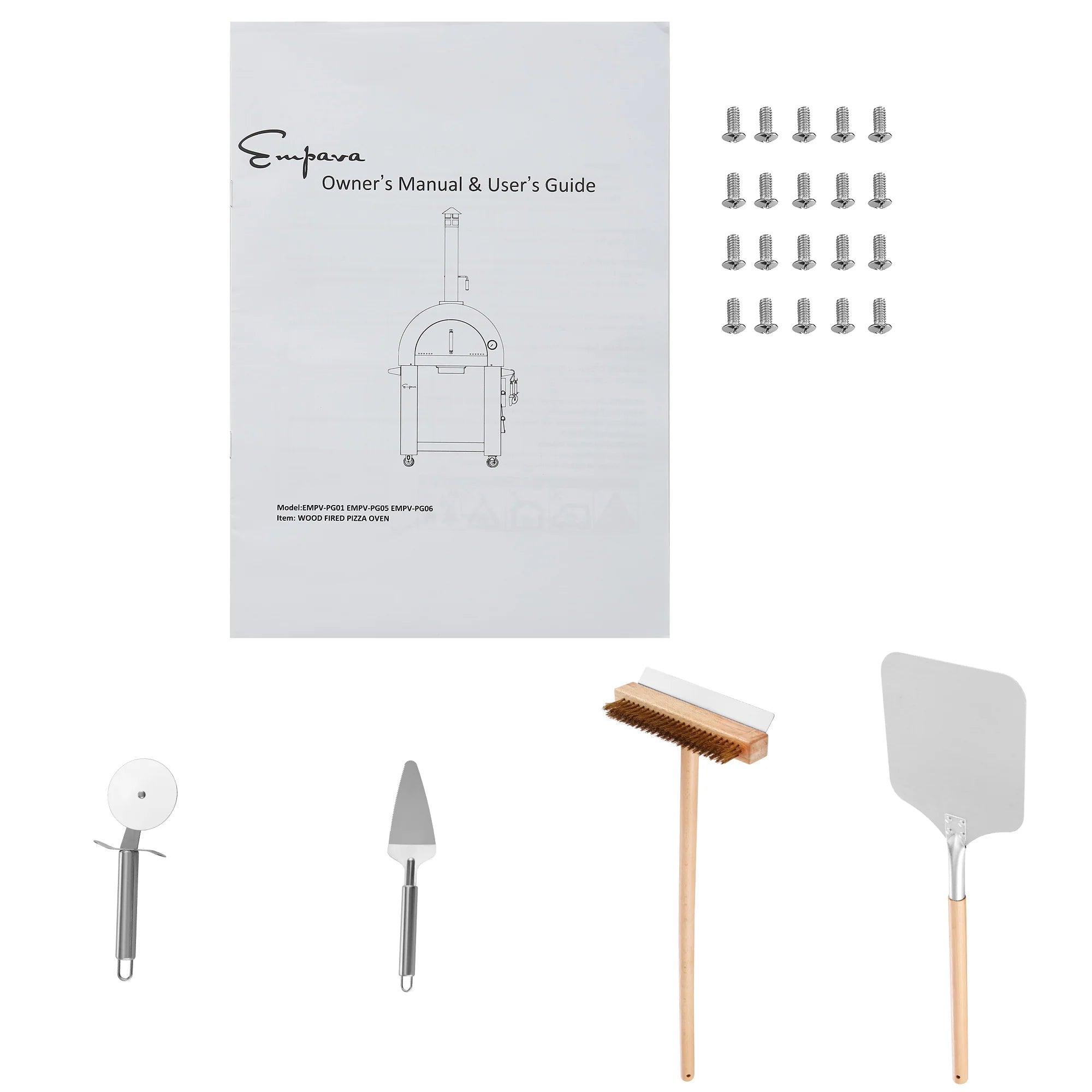 Outdoor wood-fired pizza oven accessory tools with owner's manual