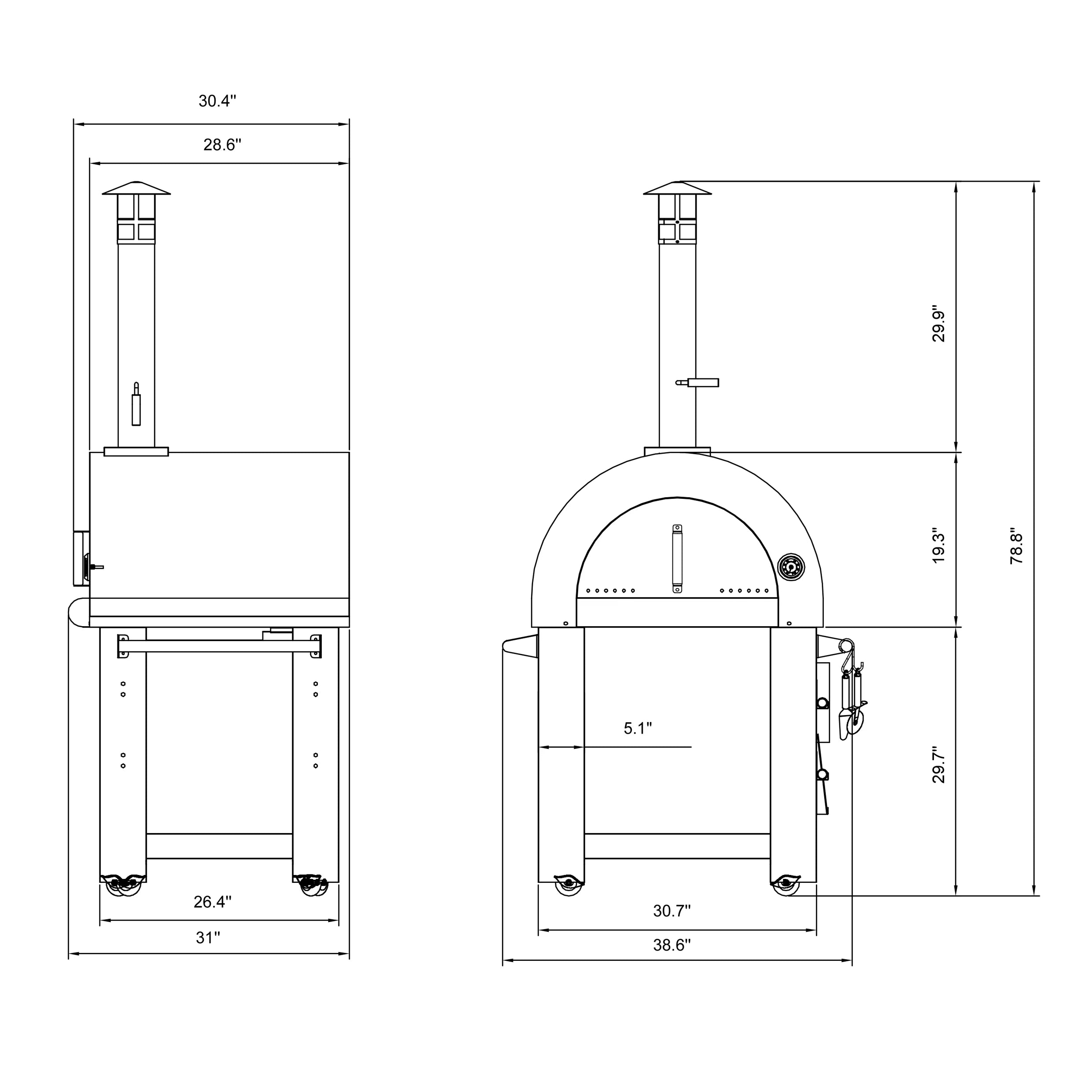 Outdoor wood-fired pizza oven dimension diagram with front and side views