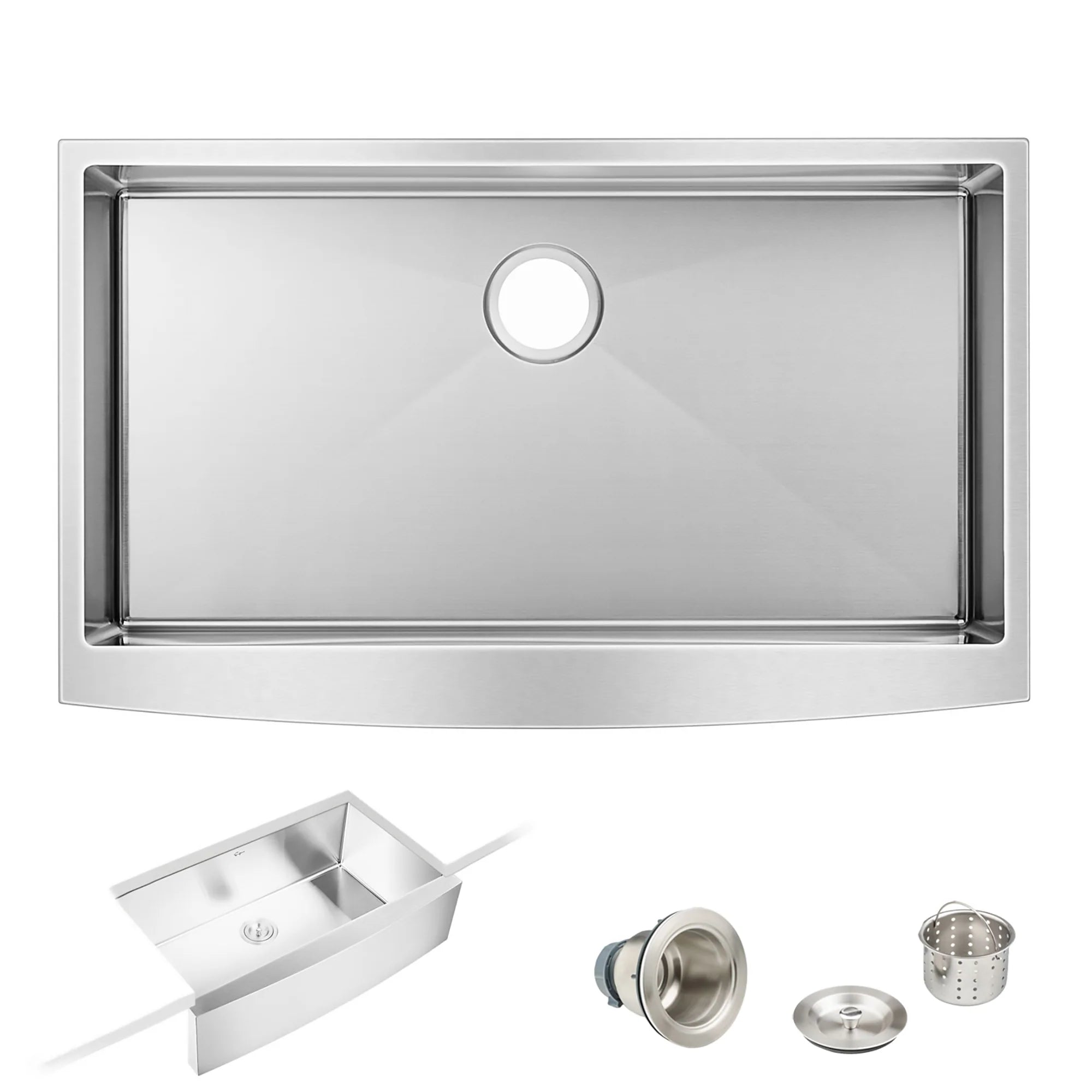 Single-bowl stainless sink with drain parts and basket strainer accessory