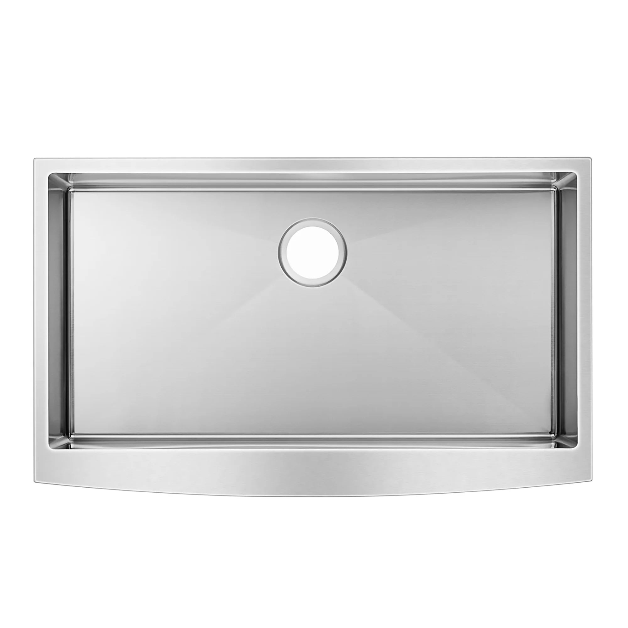 Rectangular single-bowl sink basin with round drain opening and stainless rim