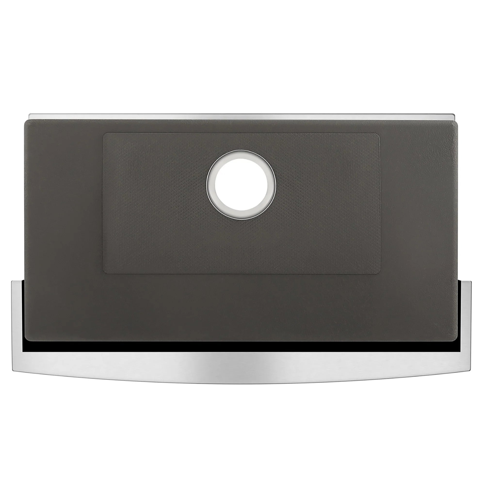 Single-bowl kitchen sink front with dark underlayment and round drain opening