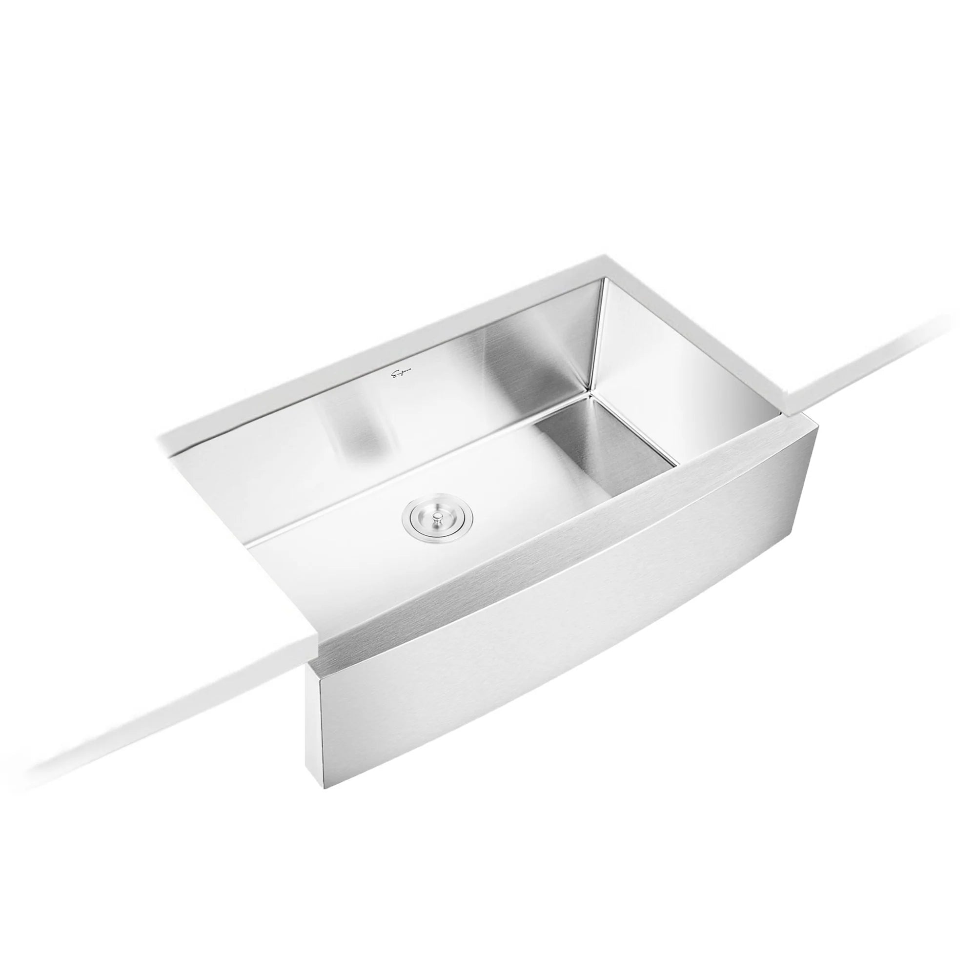 Single-bowl stainless sink with center drain and angled corner outlet flange