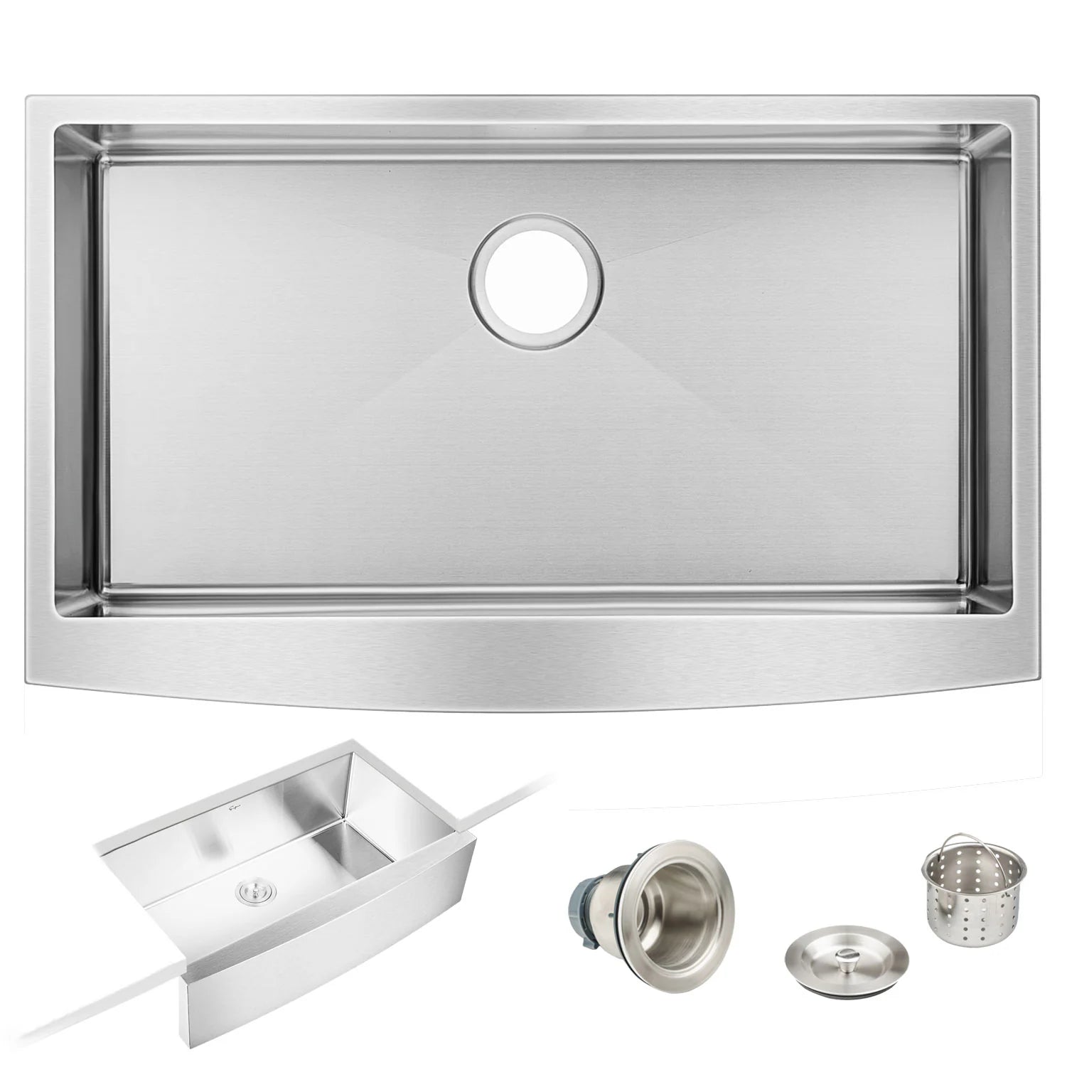 Stainless steel kitchen sink basin with drain opening plus included drain assembly parts