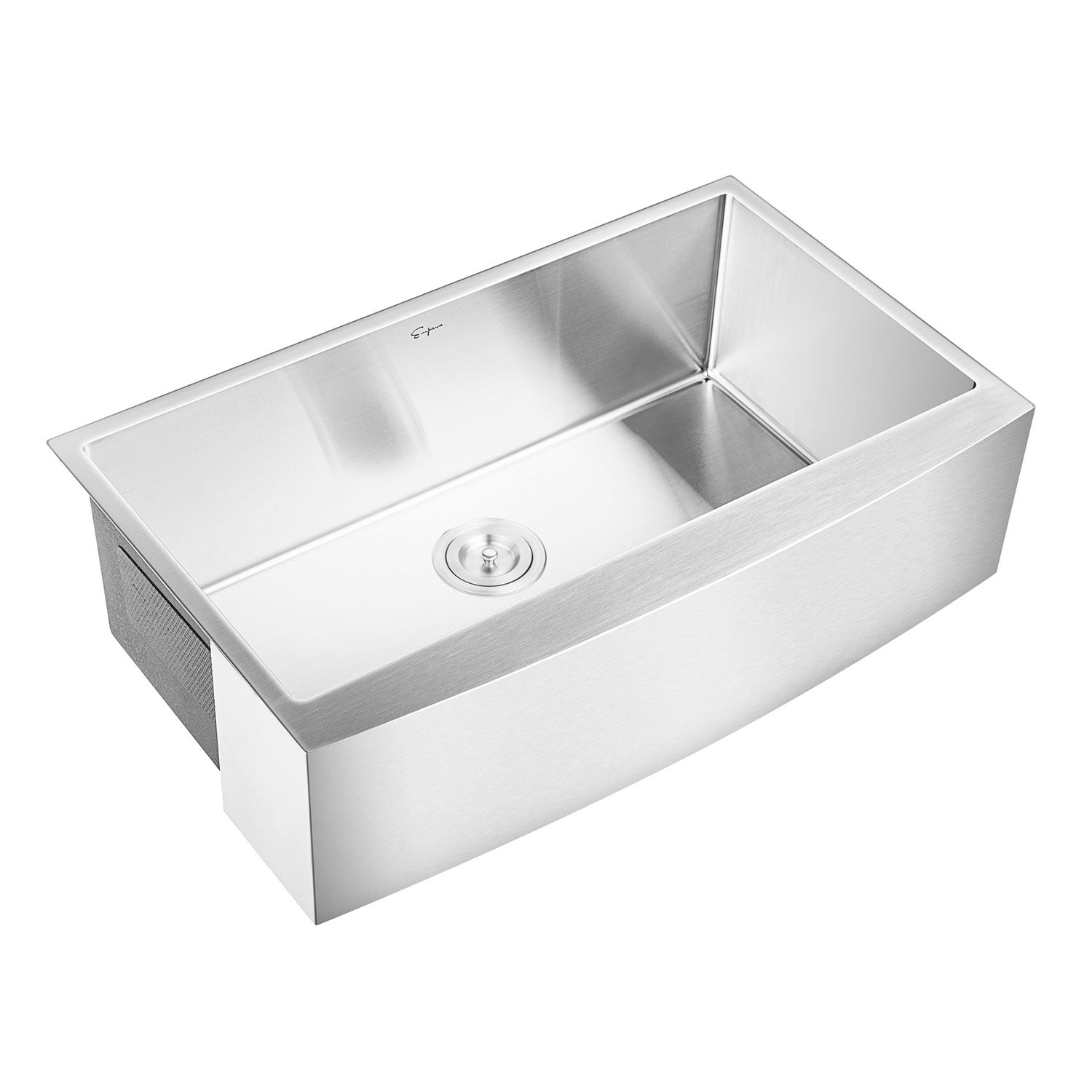 Single-bowl stainless steel kitchen sink with centered drain and rounded corners