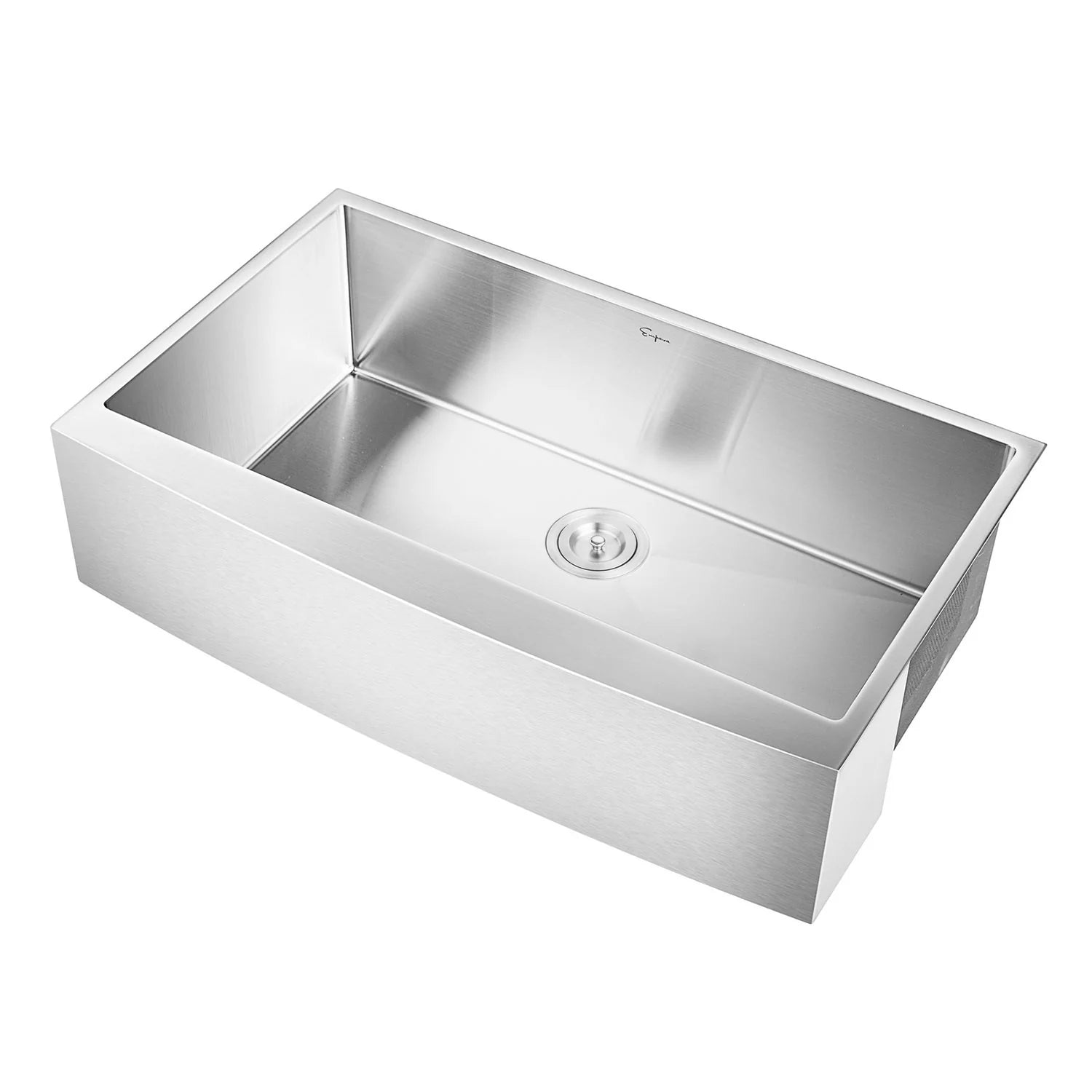 Single-bowl stainless steel kitchen sink with sloped base and centered drain