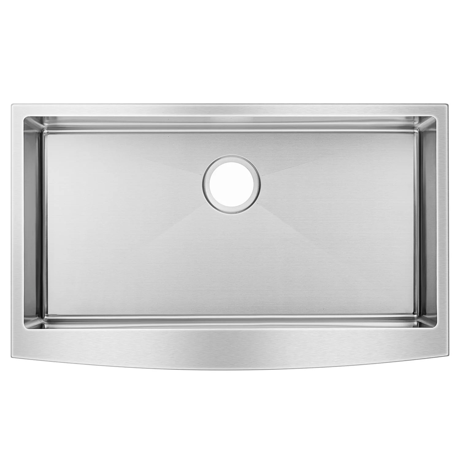 Undermount kitchen sink basin with circular drain opening and stainless rim