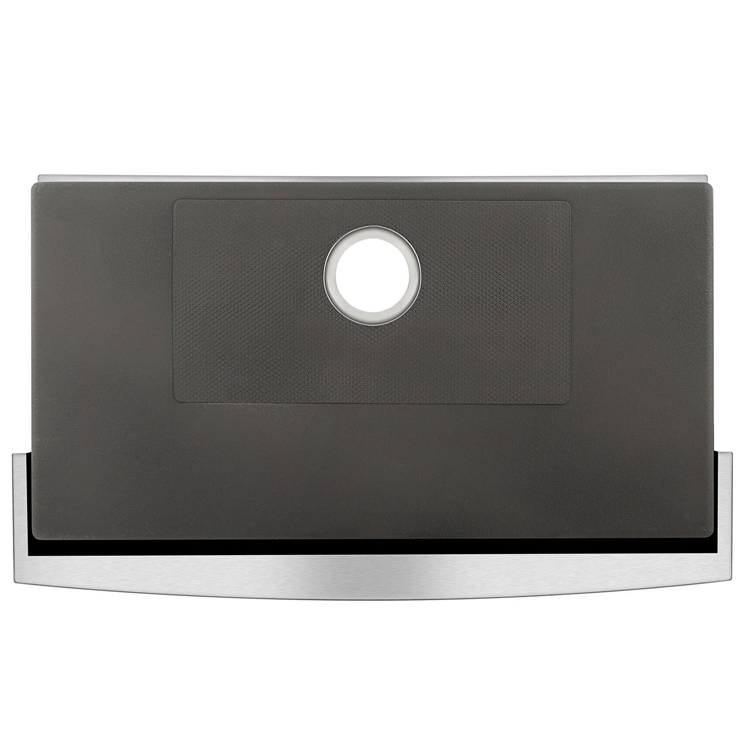 Kitchen sink front view with circular drain opening and dark sound-dampening pad