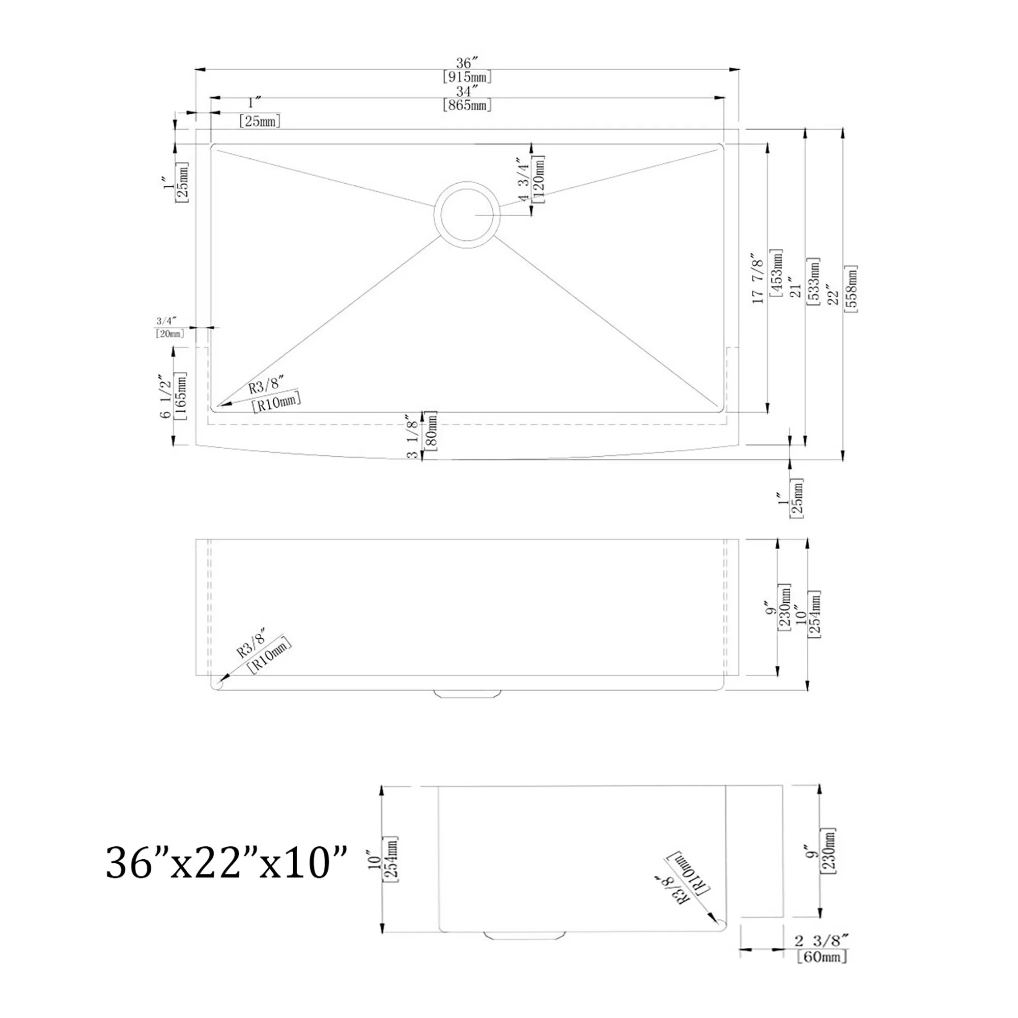 Kitchen sink size diagram with 36 x 22 x 10 in measurements and drain location