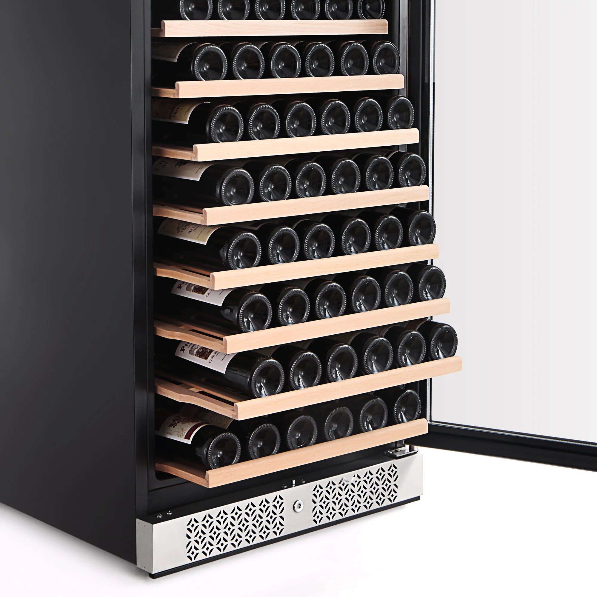 Wine cooler interior side view with black shelves holding bottles and vented base
