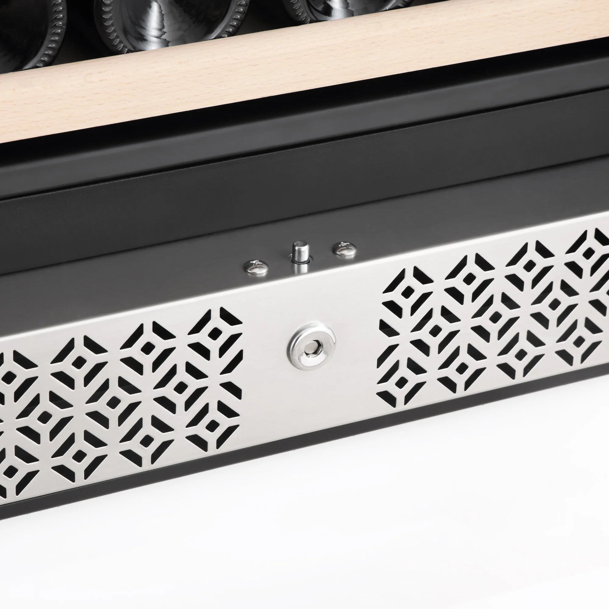 Stainless steel wine cooler front panel with black vented grille and control knob