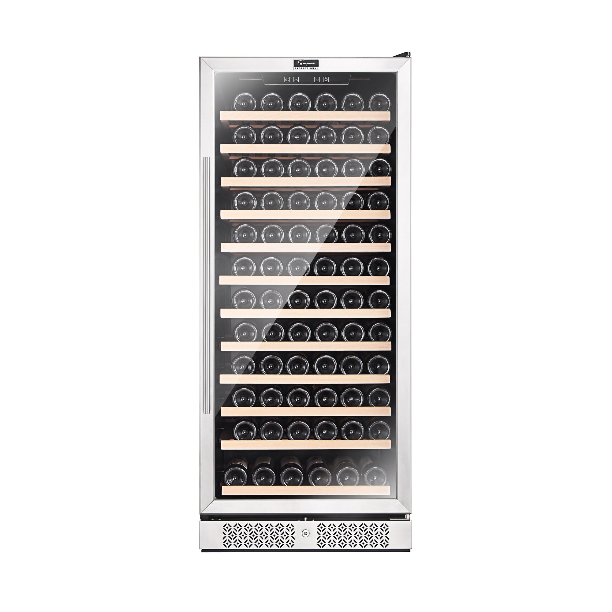 Stainless wine cooler with glass door and multiple wine bottle shelves, 127 capacity