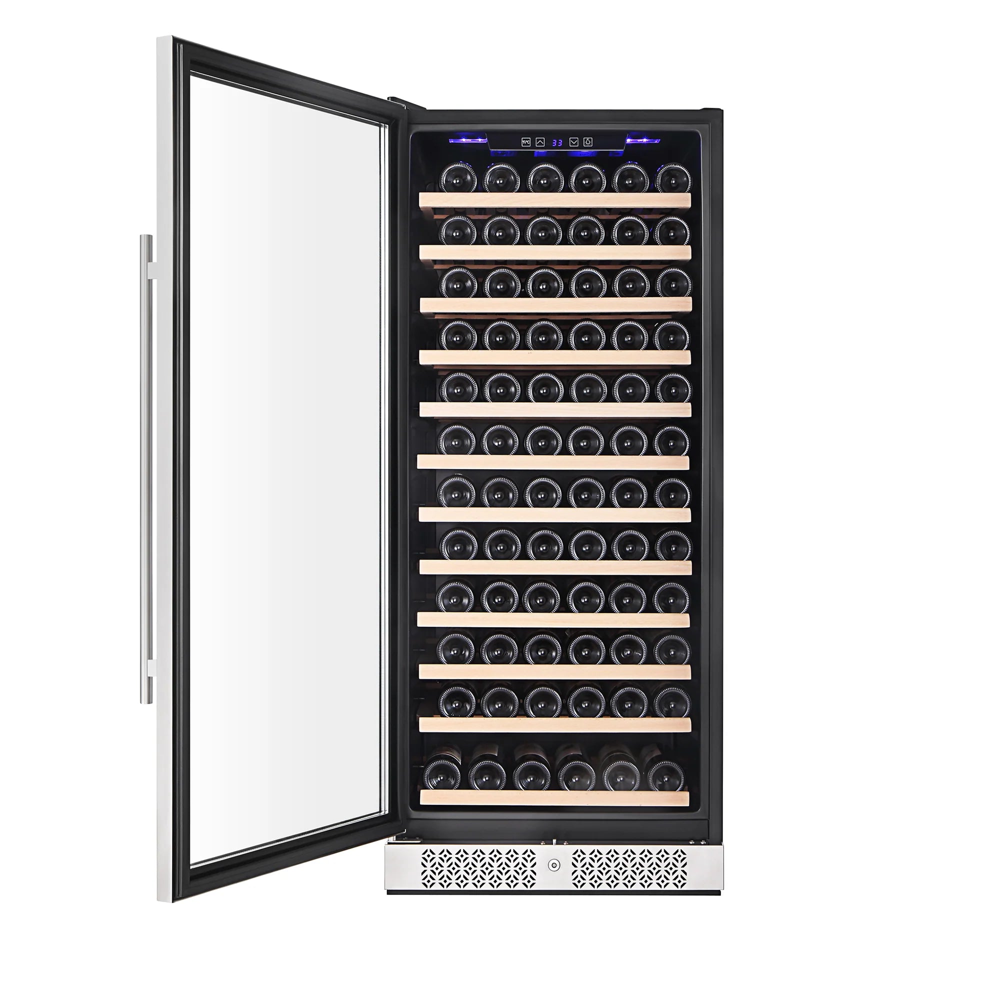 Black wine cooler with glass door open, interior bottle racks and top control lights