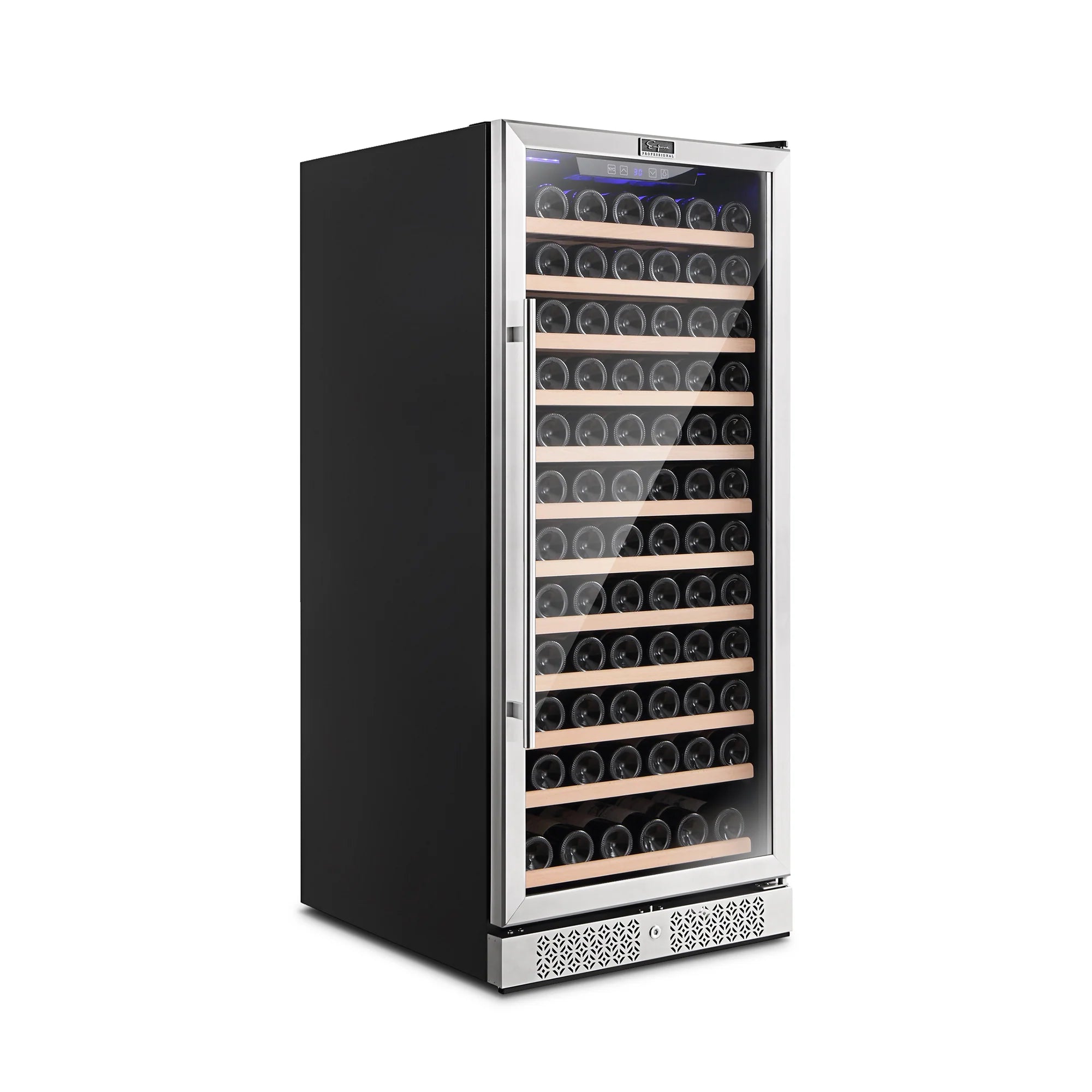 Black and stainless wine cooler standing with closed door, front vented base panel