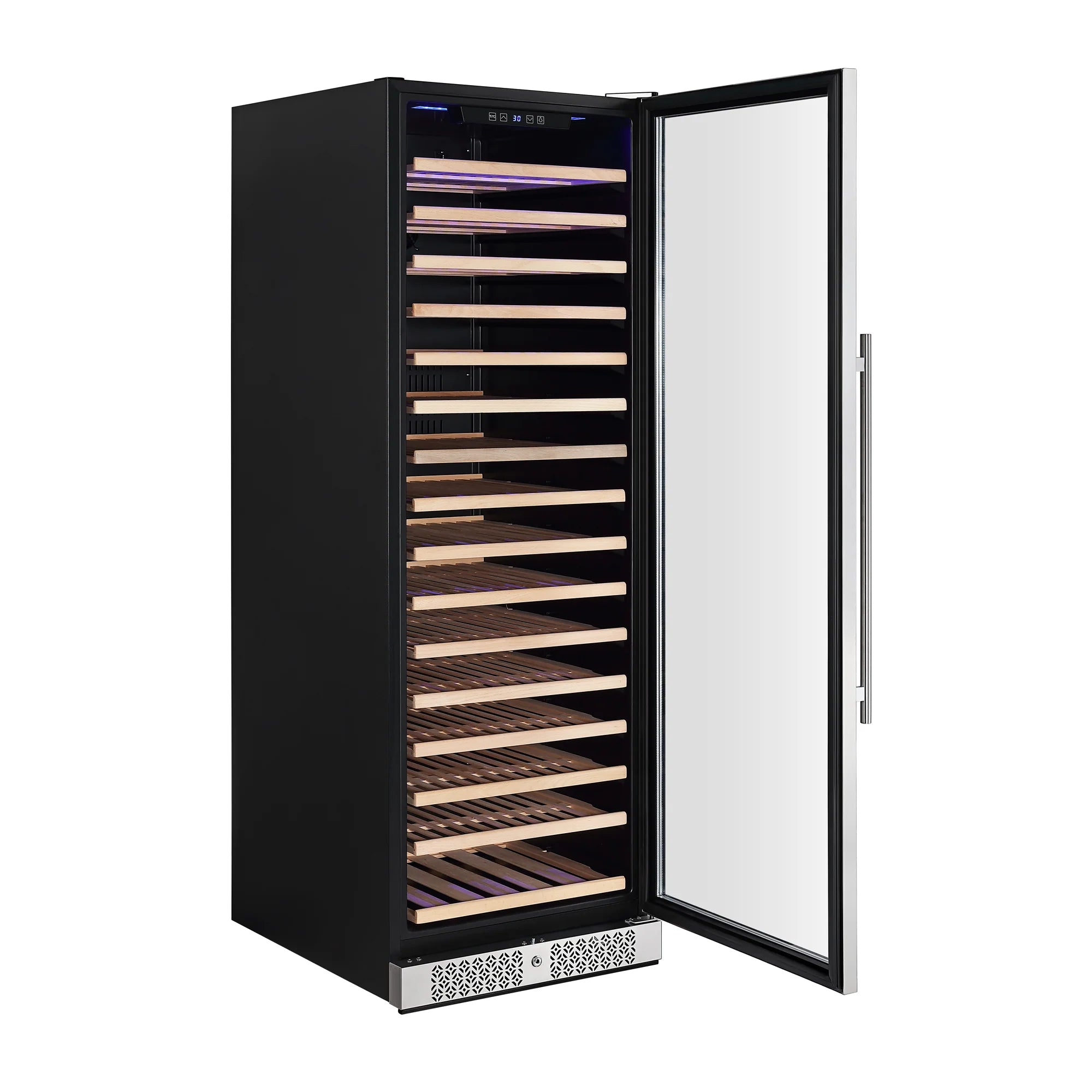 Black wine cooler with open glass door and blue-lit interior bottle racks