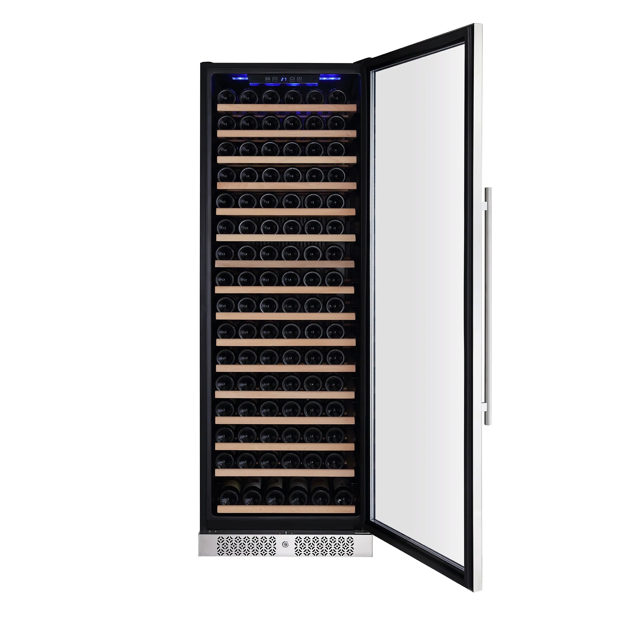 Wine cooler with open door showing lit interior shelves for wine bottles