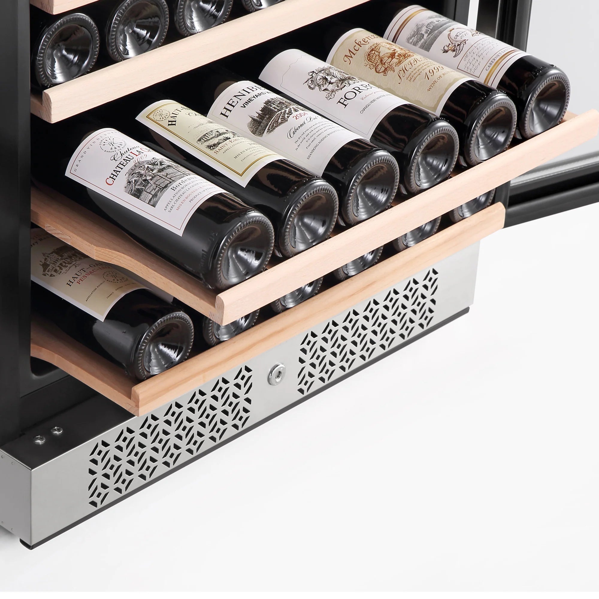 Wine bottles on pull-out wood shelves with vented front grille and black base