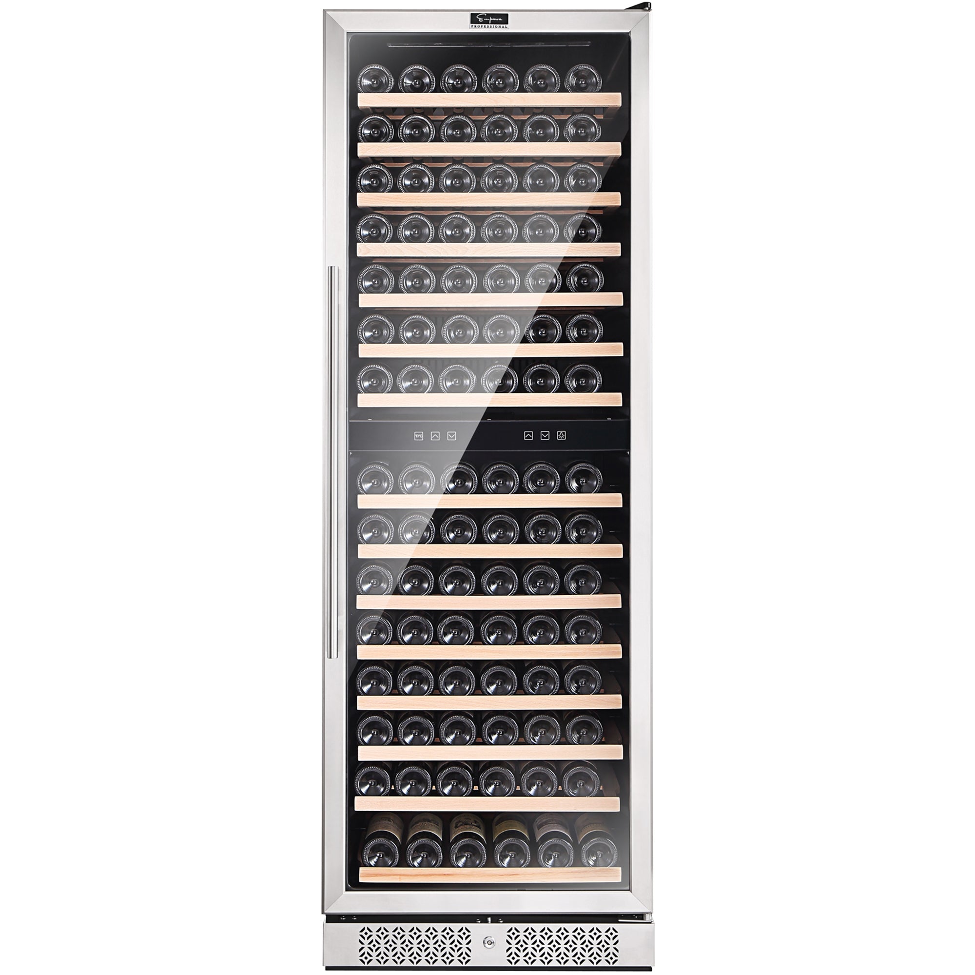 Wine cooler with glass front and stacked wooden shelves for bottles, stainless finish