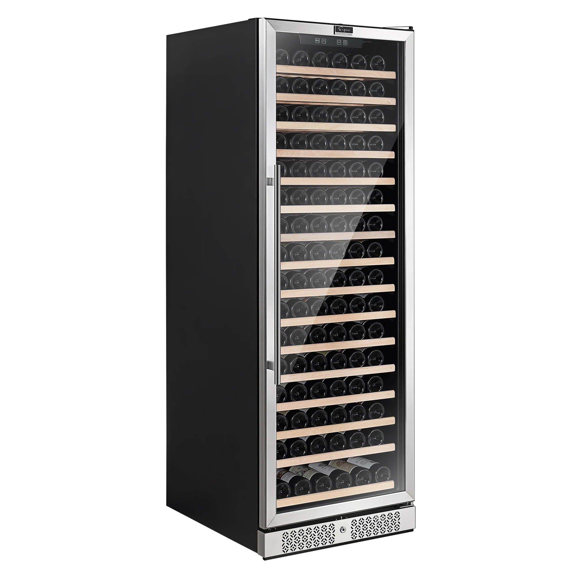 Black wine cooler with glass front door and visible interior bottle storage racks