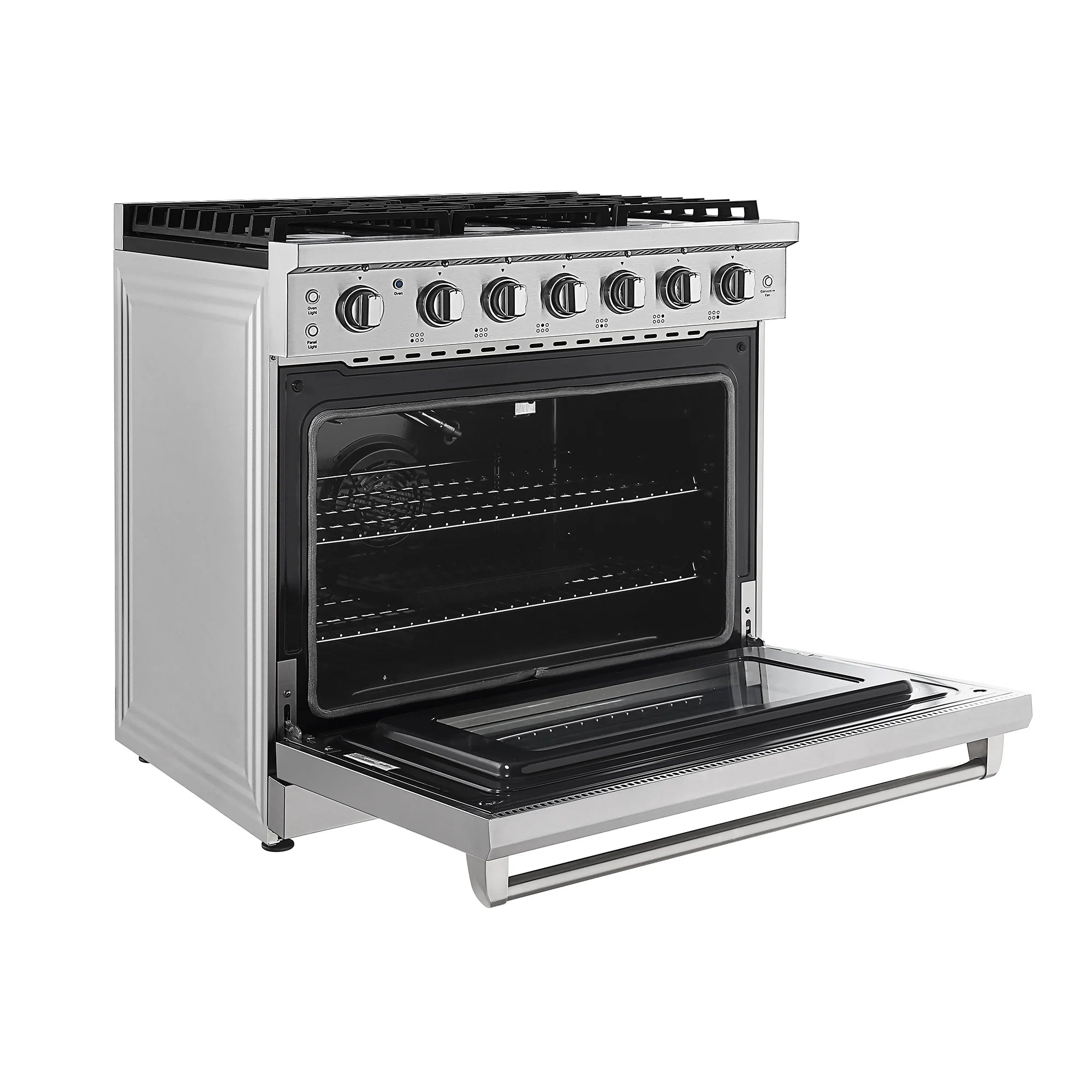 Stainless steel single gas oven range with side view and pull-out oven door window