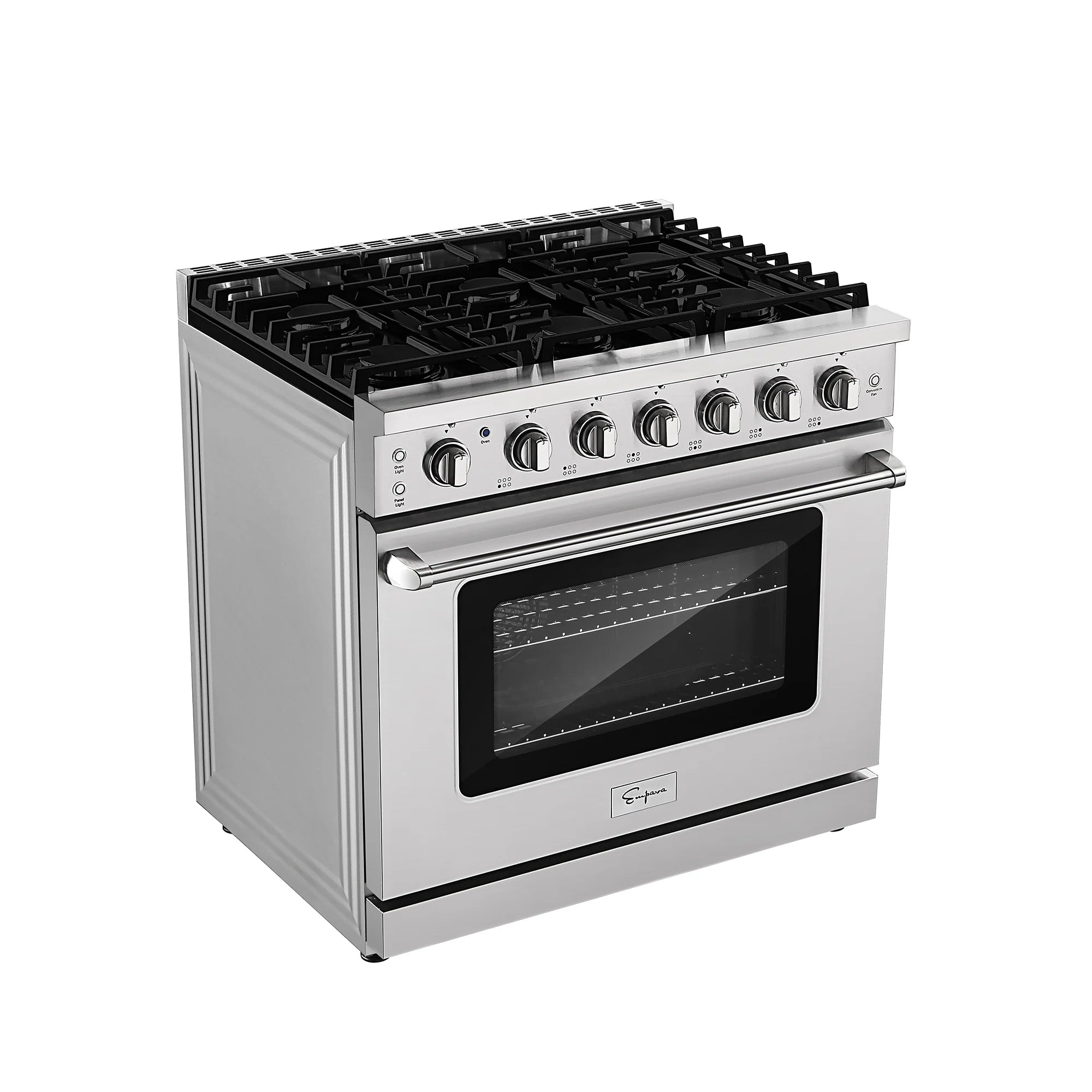 Stainless steel pro-style single gas oven range with cooktop grates and oven door window