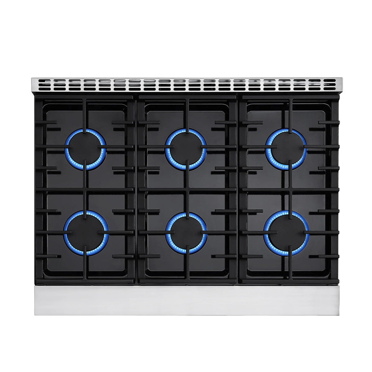 Black gas cooktop burners with blue illumination circles on a stainless steel range