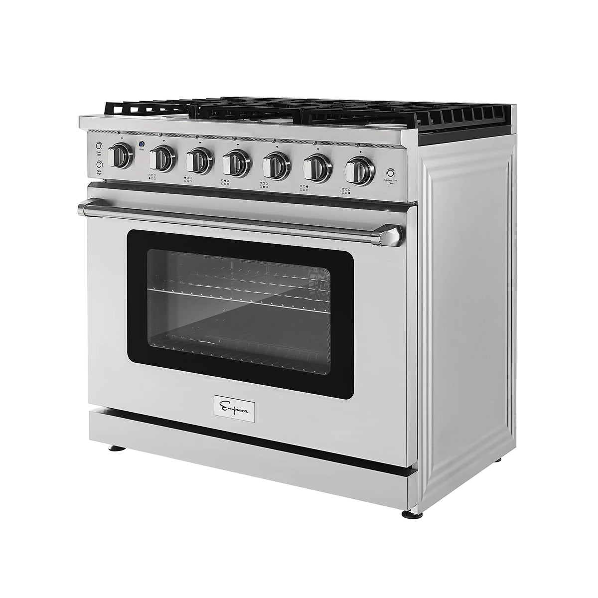 Stainless steel single gas oven range with front control knobs, cooktop grates, and oven glass