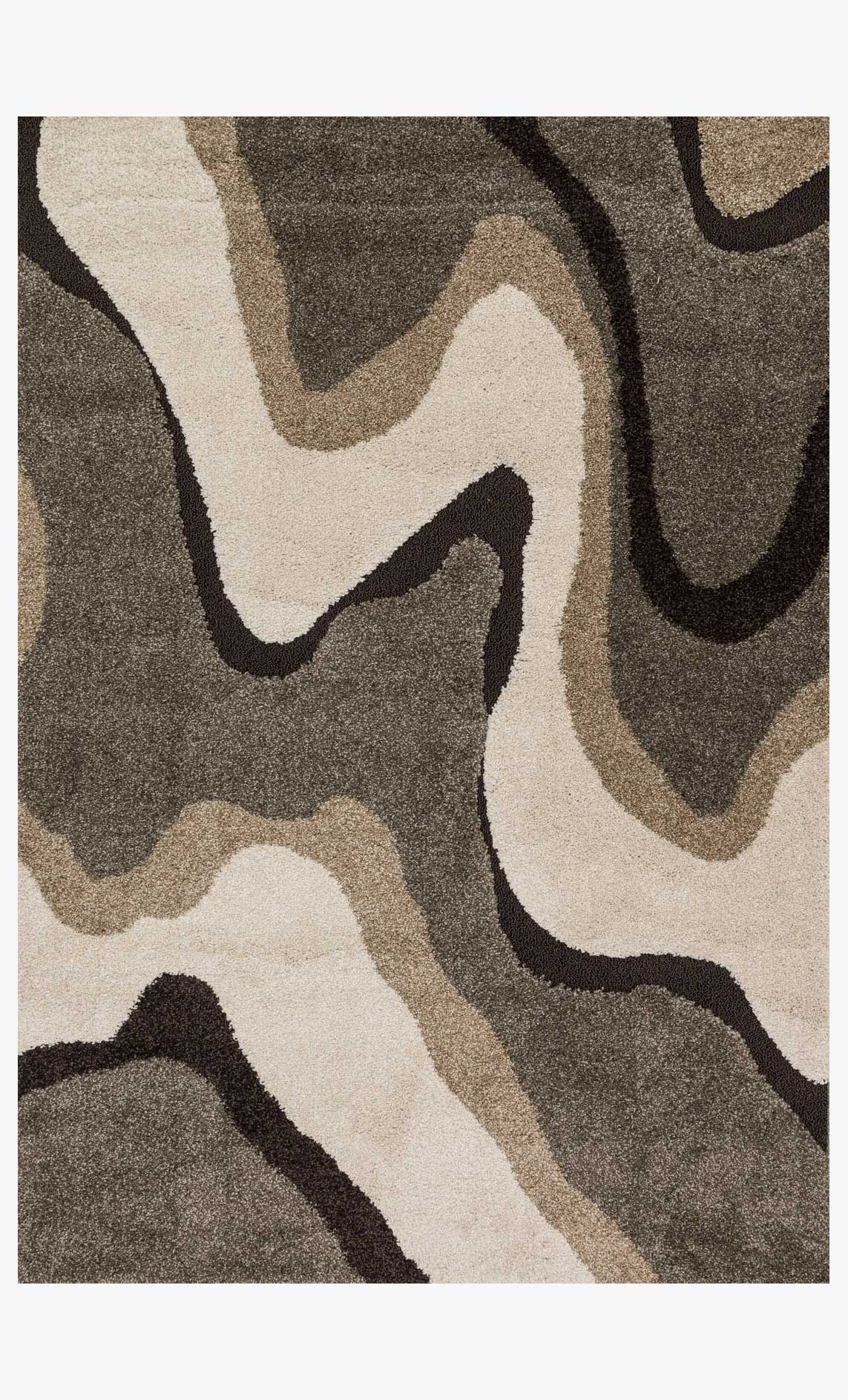 Abstract area rug with beige and charcoal wavy pattern, rectangular border.