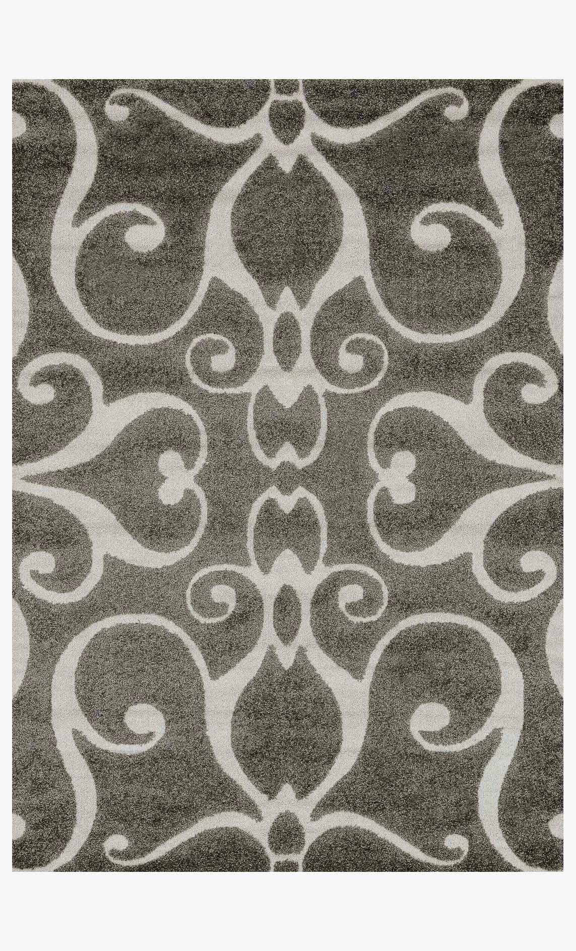 Smoke gray power-loomed rug with white ornate scroll and medallion pattern