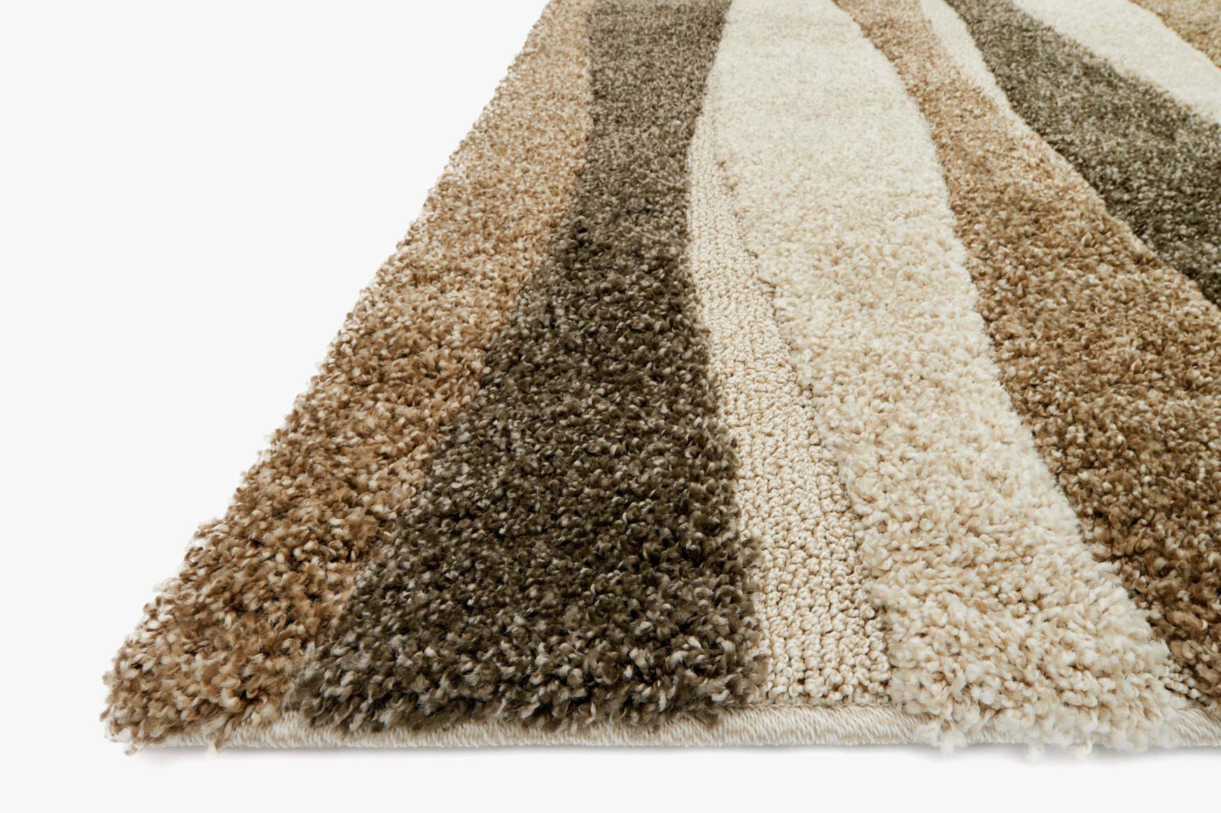 Neutral power-loomed rug corner view with textured pile and vertical stripes
