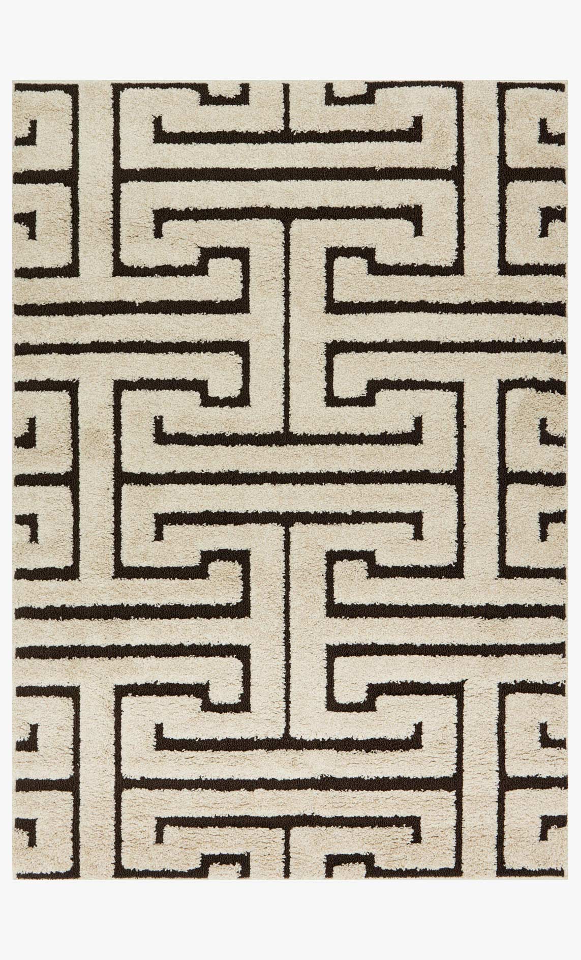 Ivory and dark brown Greek key geometric power-loomed rug with patterned grid
