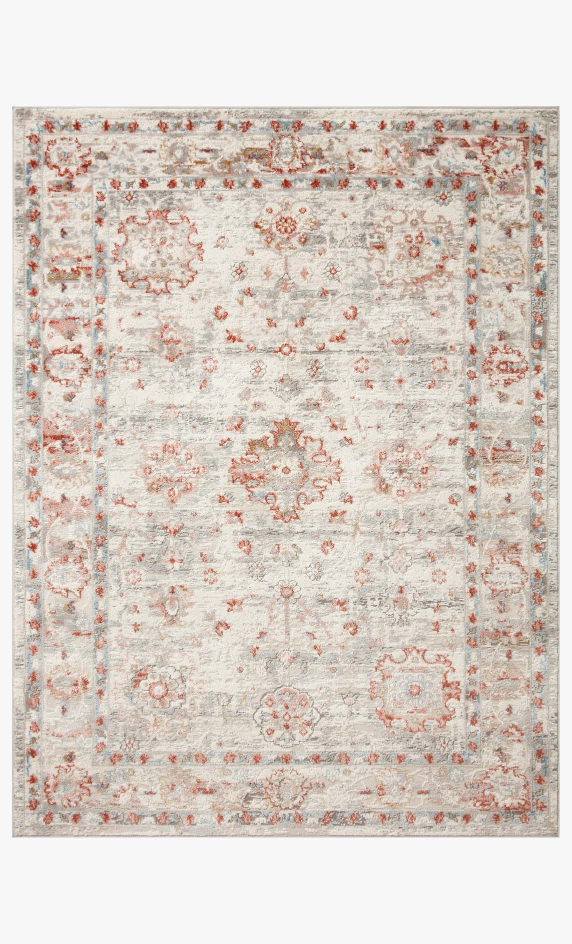 Ivory transitional power-loomed rug with repeating rust and blue floral motifs