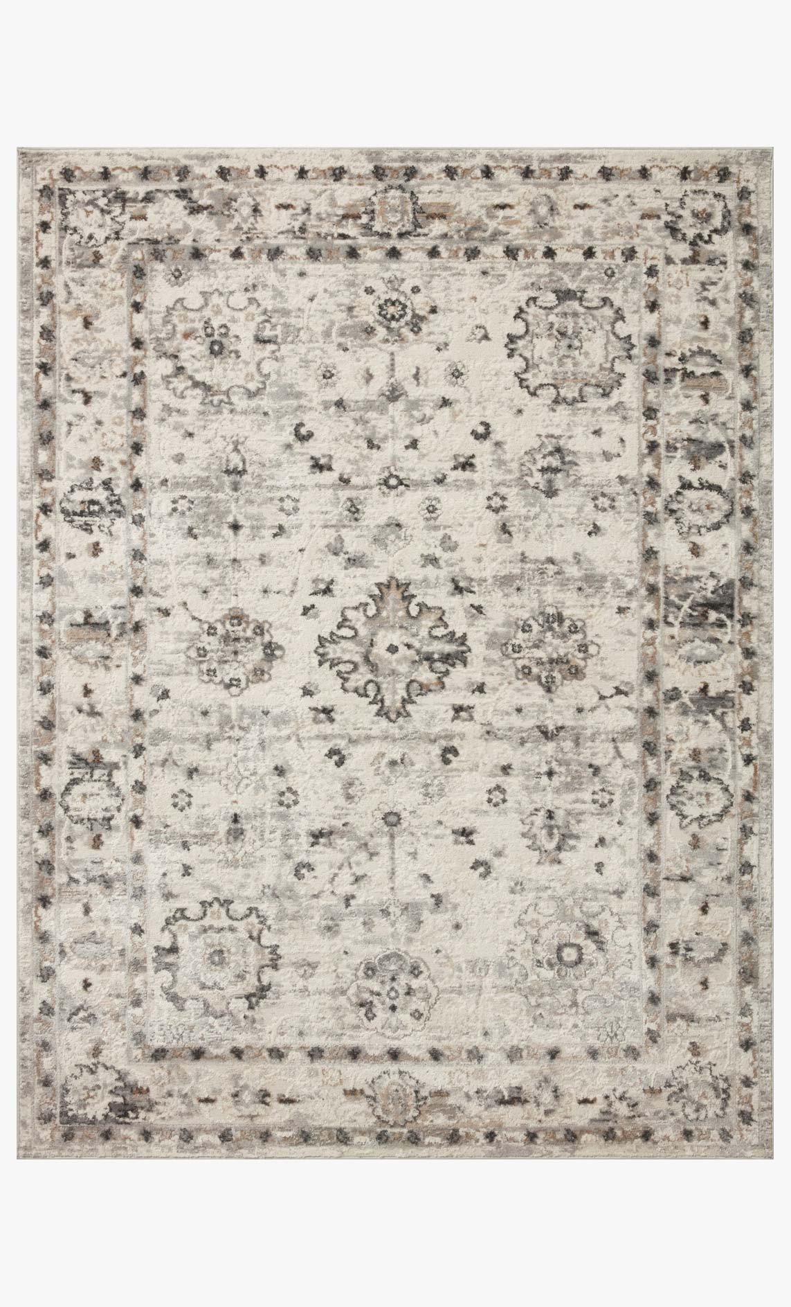 Ivory and stone transitional power-loomed rug with ornate distressed medallion pattern