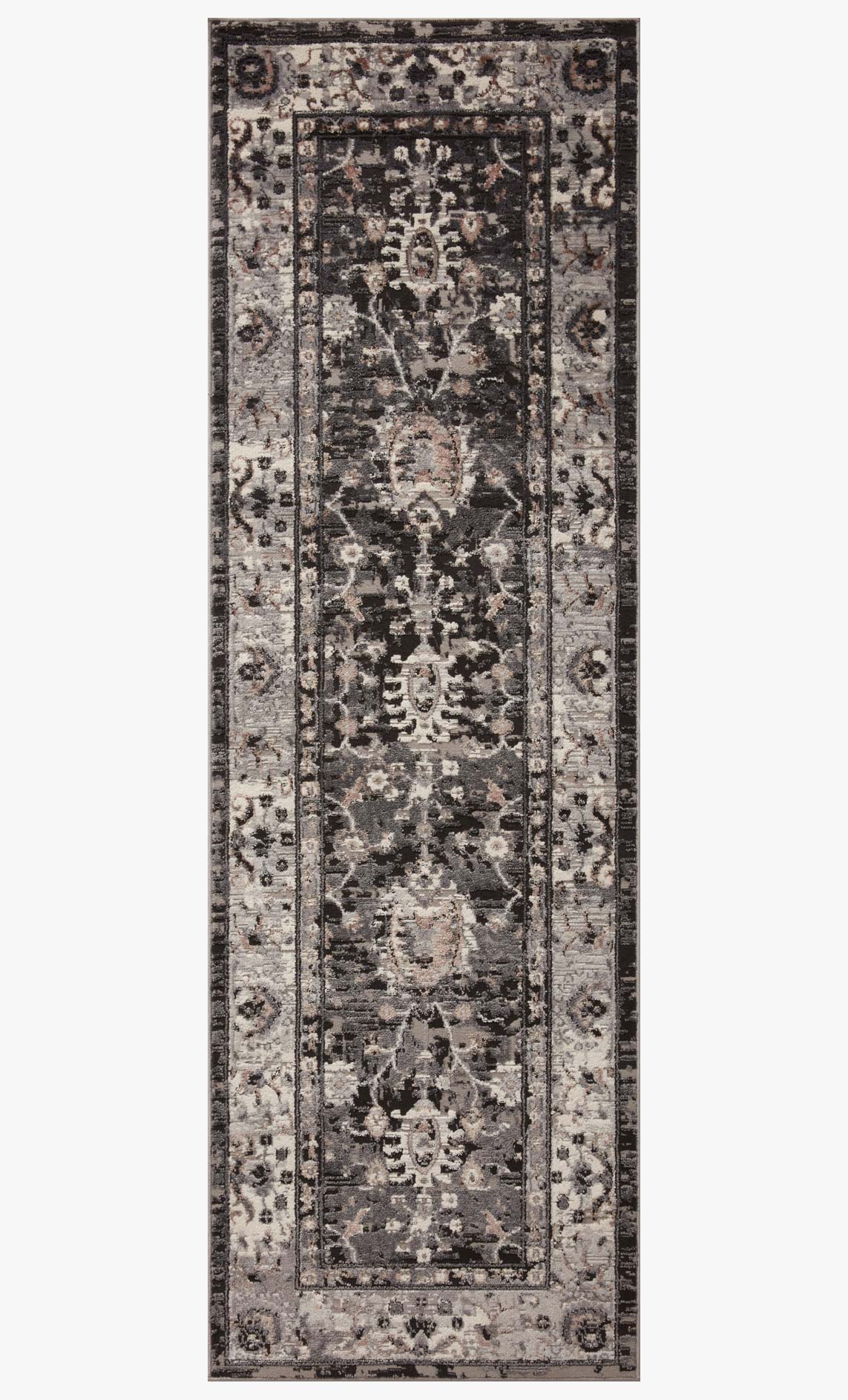 Charcoal and grey rug with central panel, ornate border, and distressed motifs