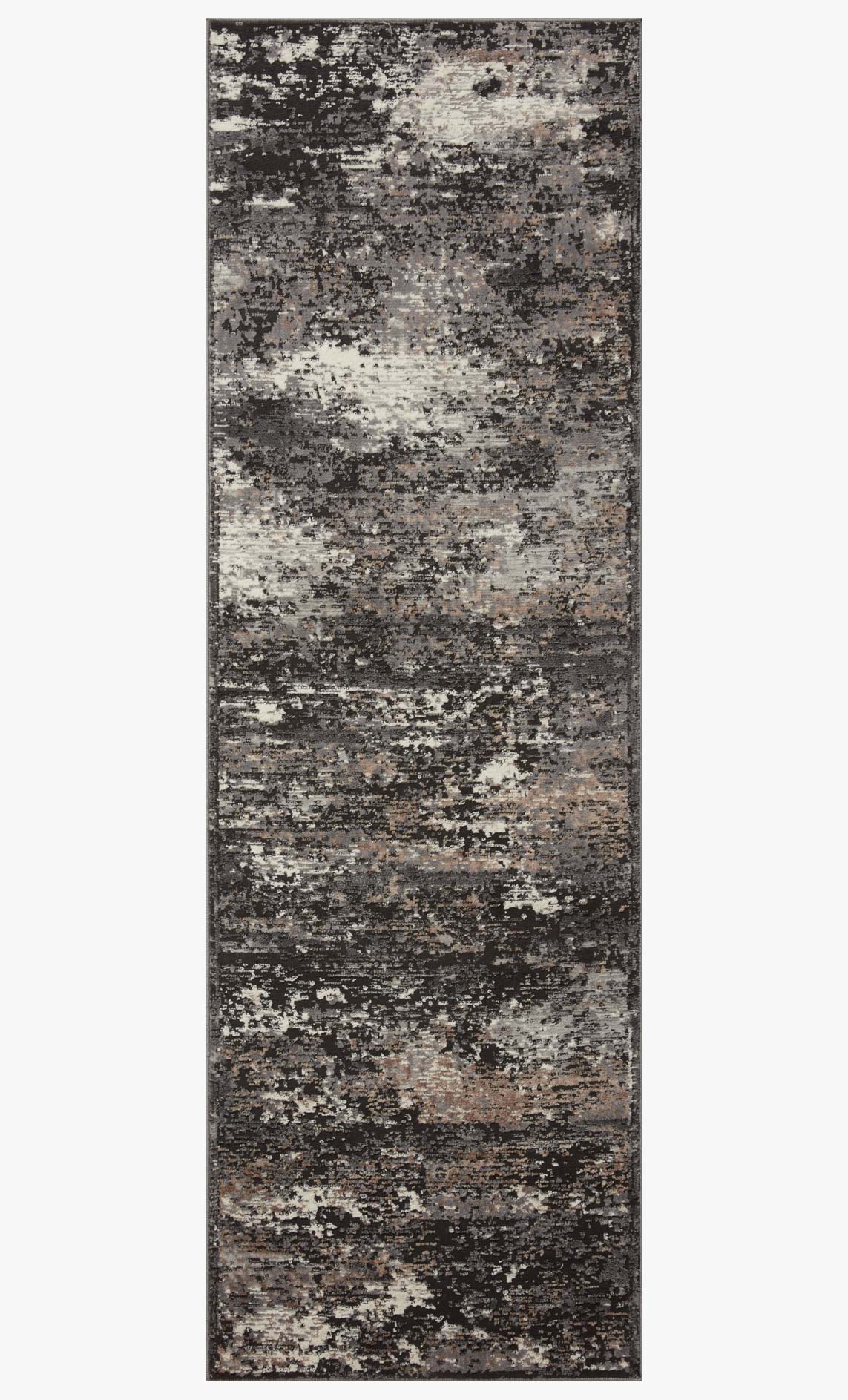 Tall rectangular charcoal and granite rug with distressed texture and thin border trim.