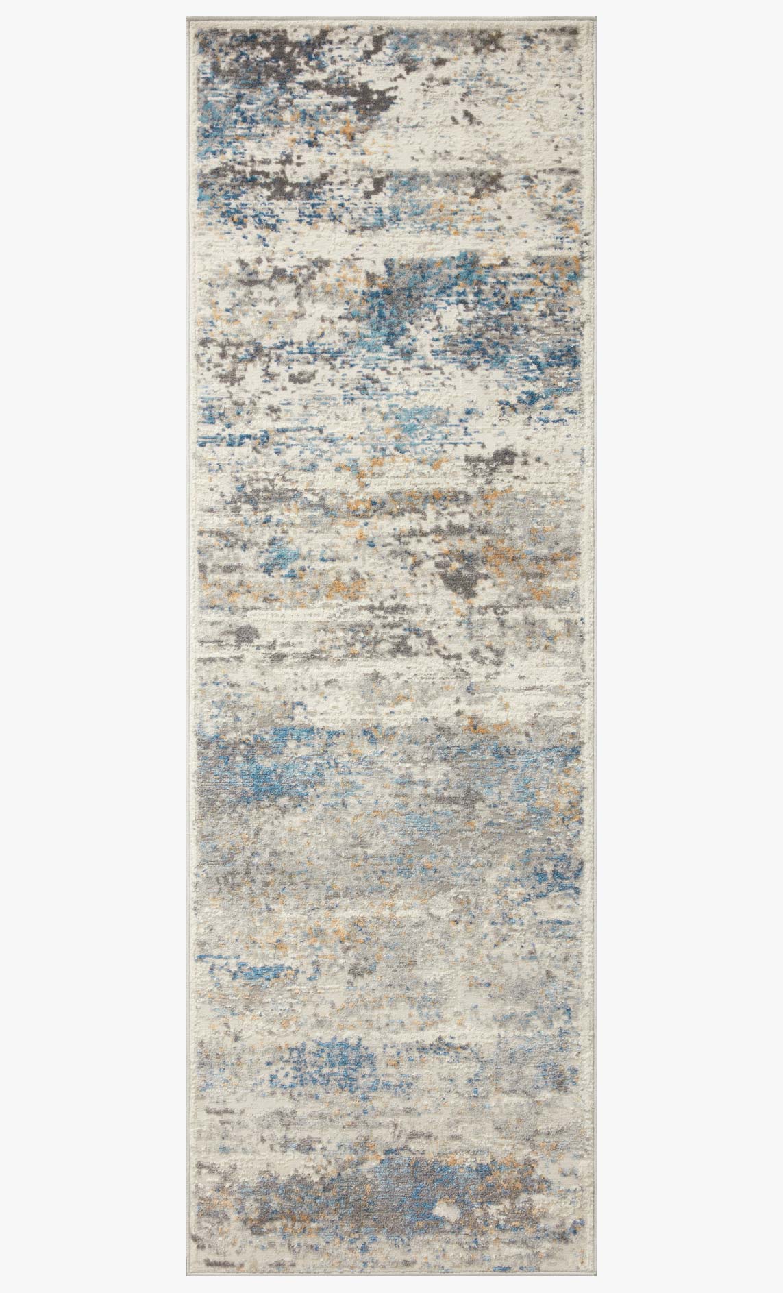 Ivory and ocean rectangular area rug with vertical abstract distressed pattern and border.