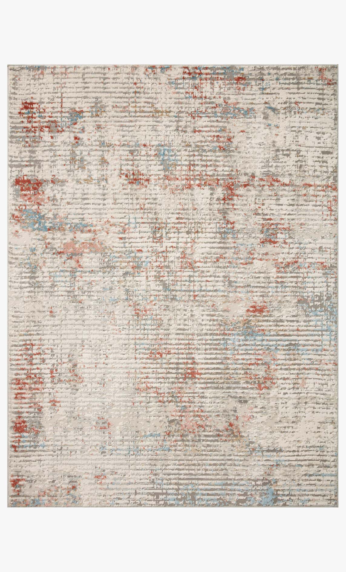 Ivory power-loomed rug with distressed multicolor speckled pattern in red and blue