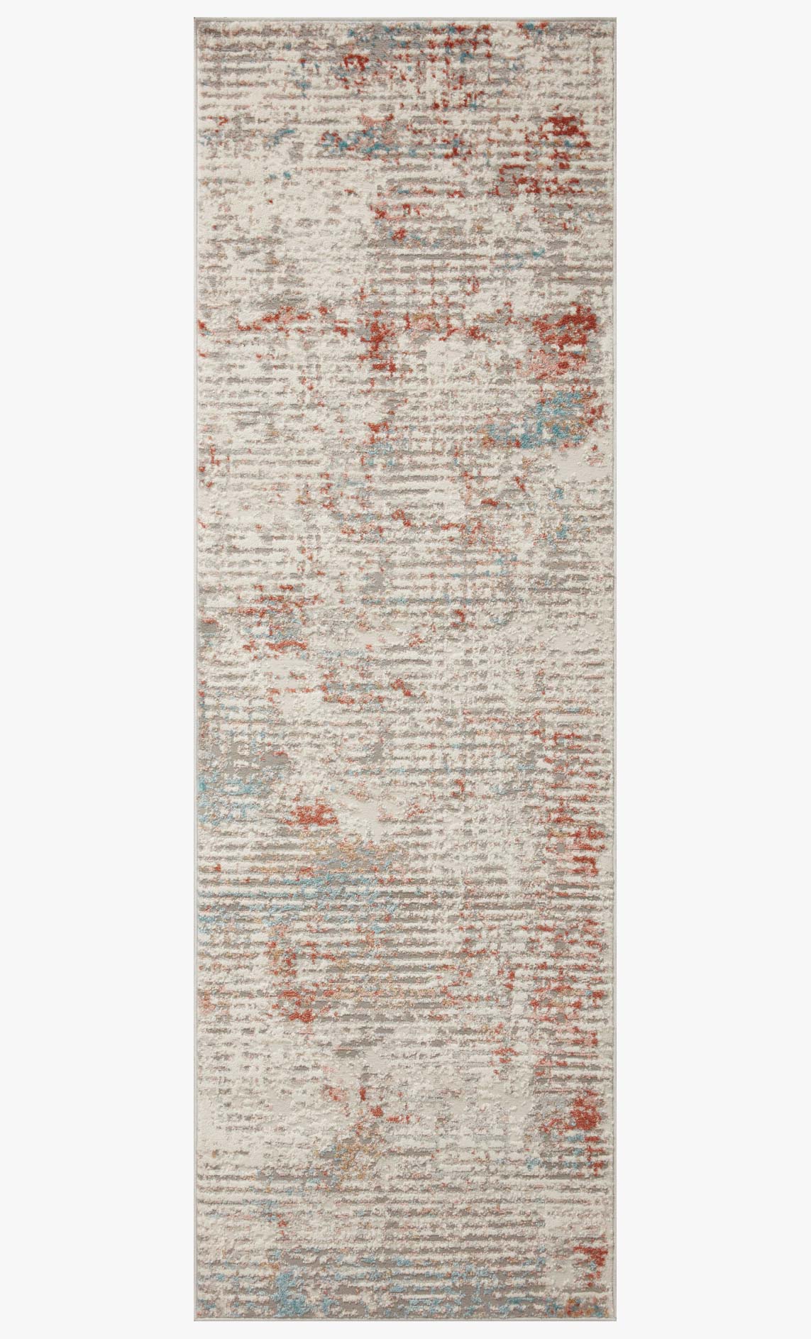 Ivory rectangular rug with distressed typography-like pattern in red and light blue