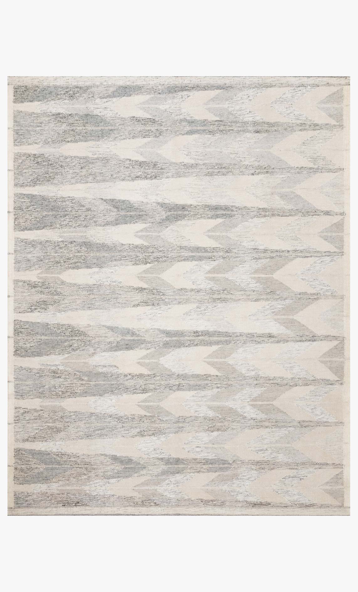 Rectangular contemporary hand-woven rug with geometric abstract pattern in gray and silver