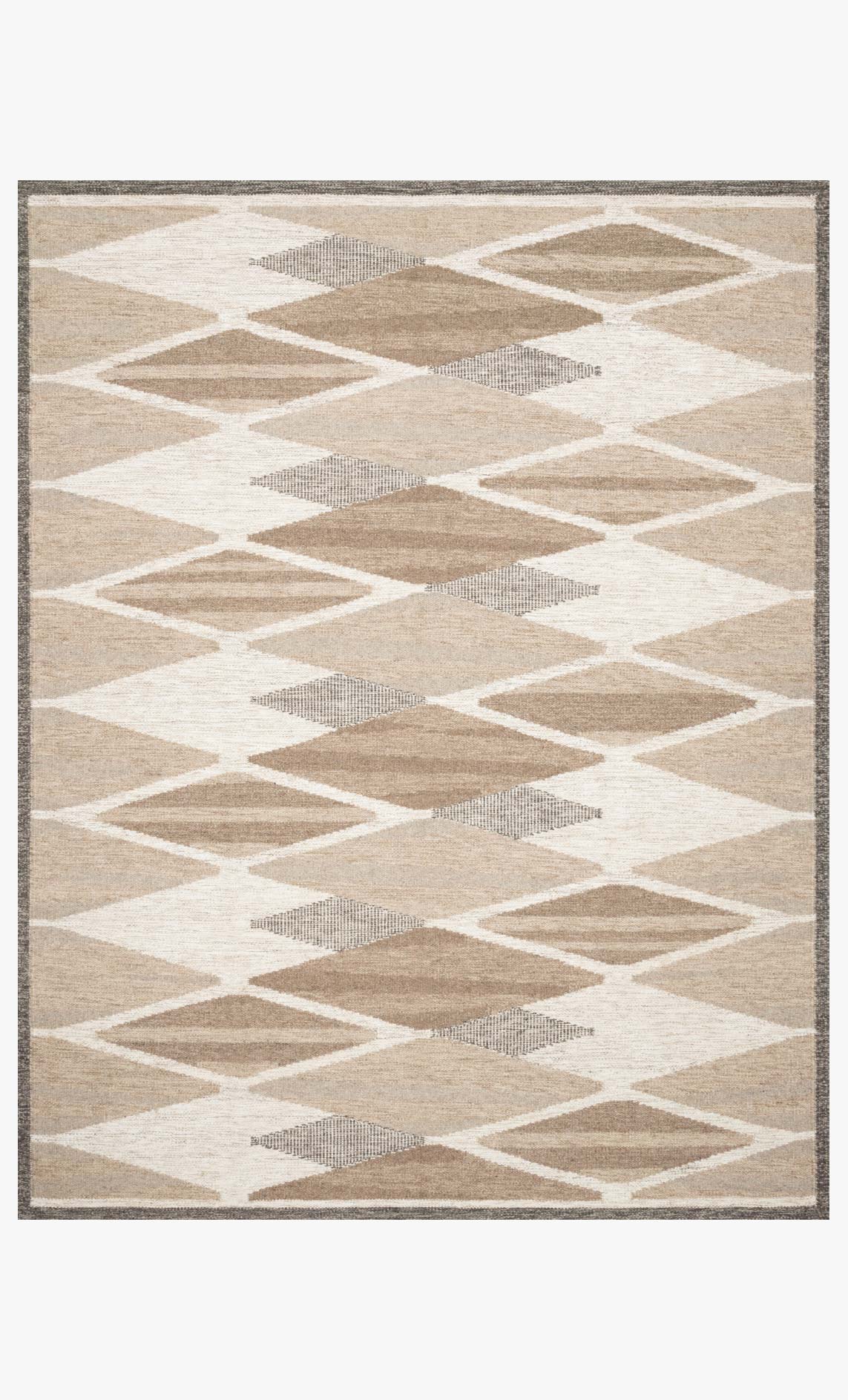 Taupe and bark hand-woven rug with geometric diamond pattern and dark border
