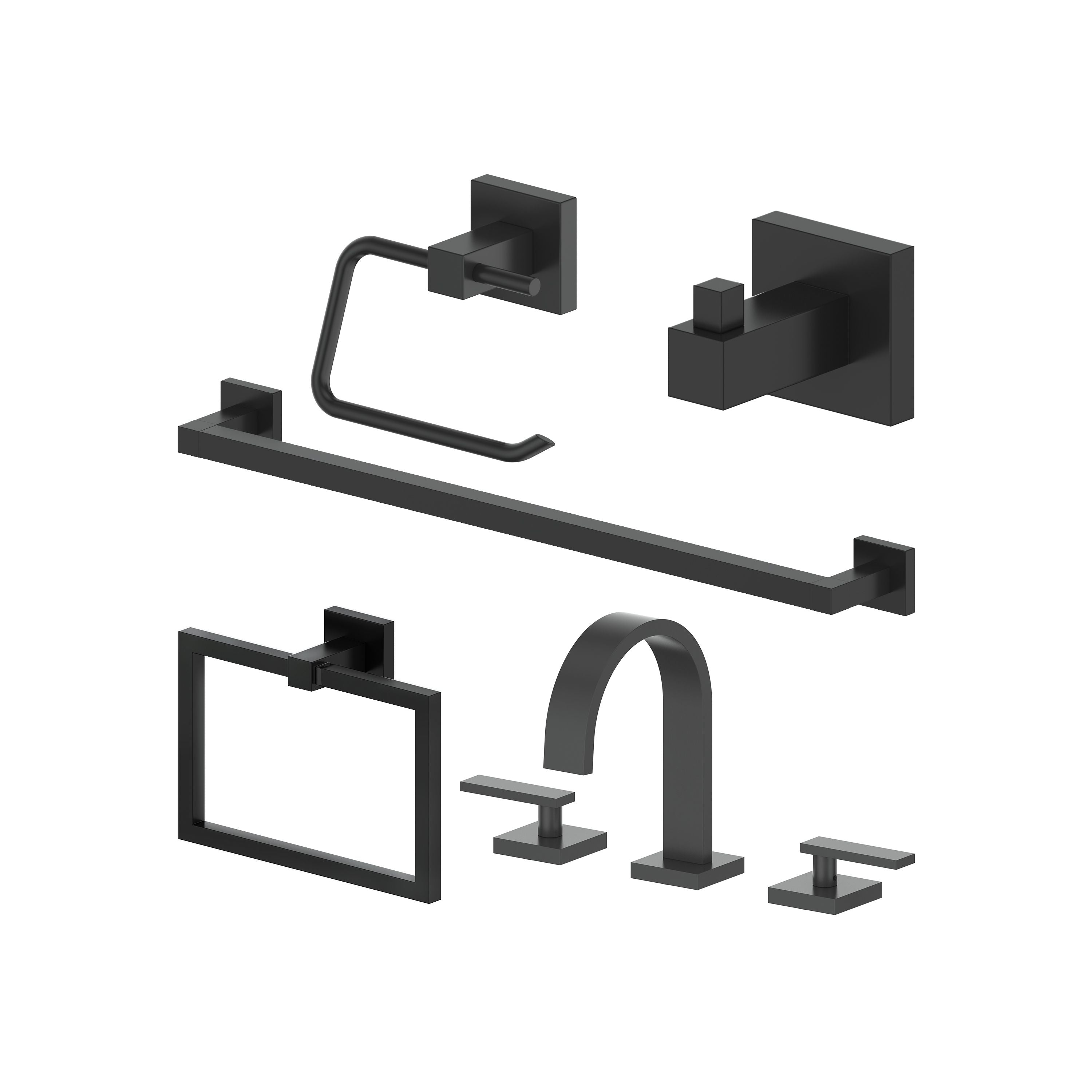 Matte black bathroom hardware set: towel hook, towel ring, and wall plates, wall-mounted.
