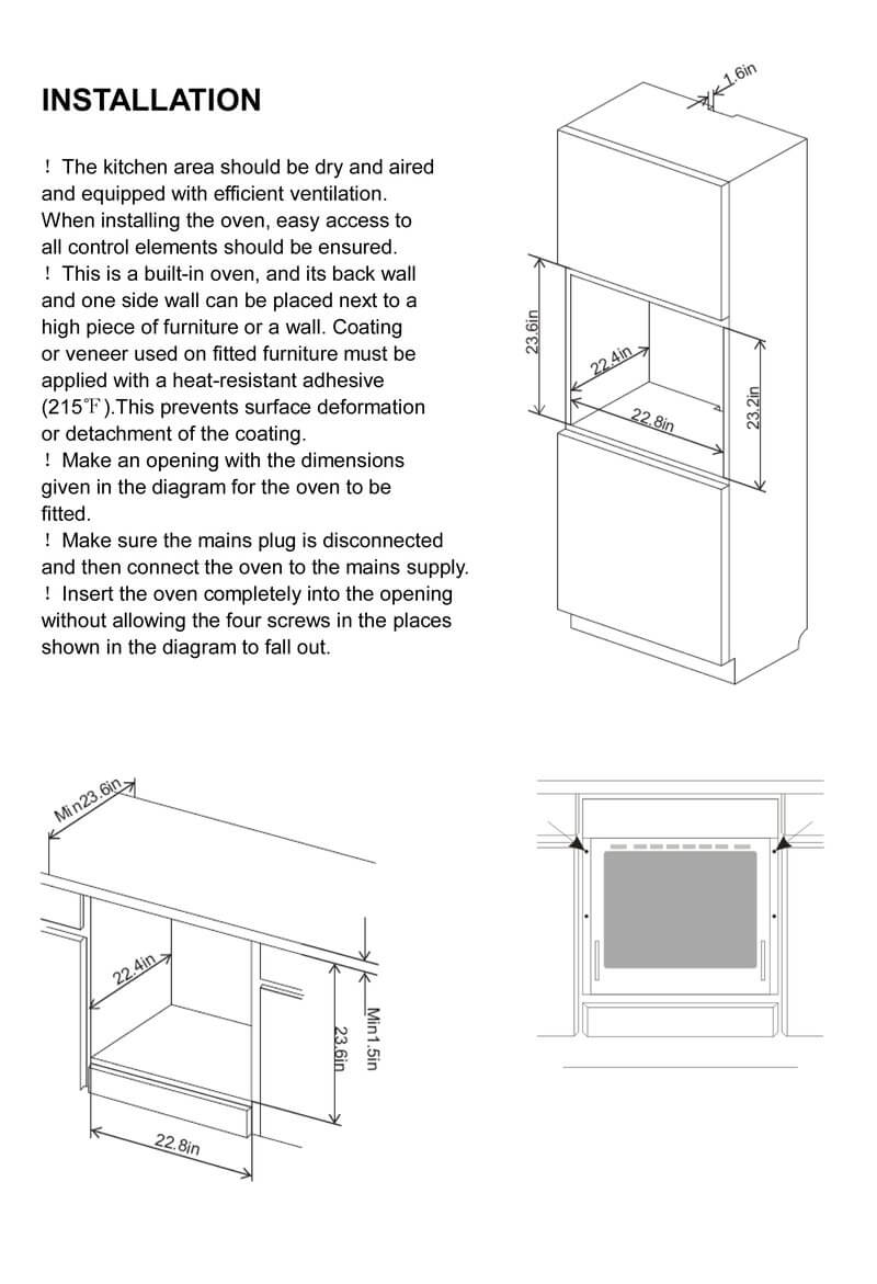 Wall oven installation diagram with cabinet cutout and mounting dimensions