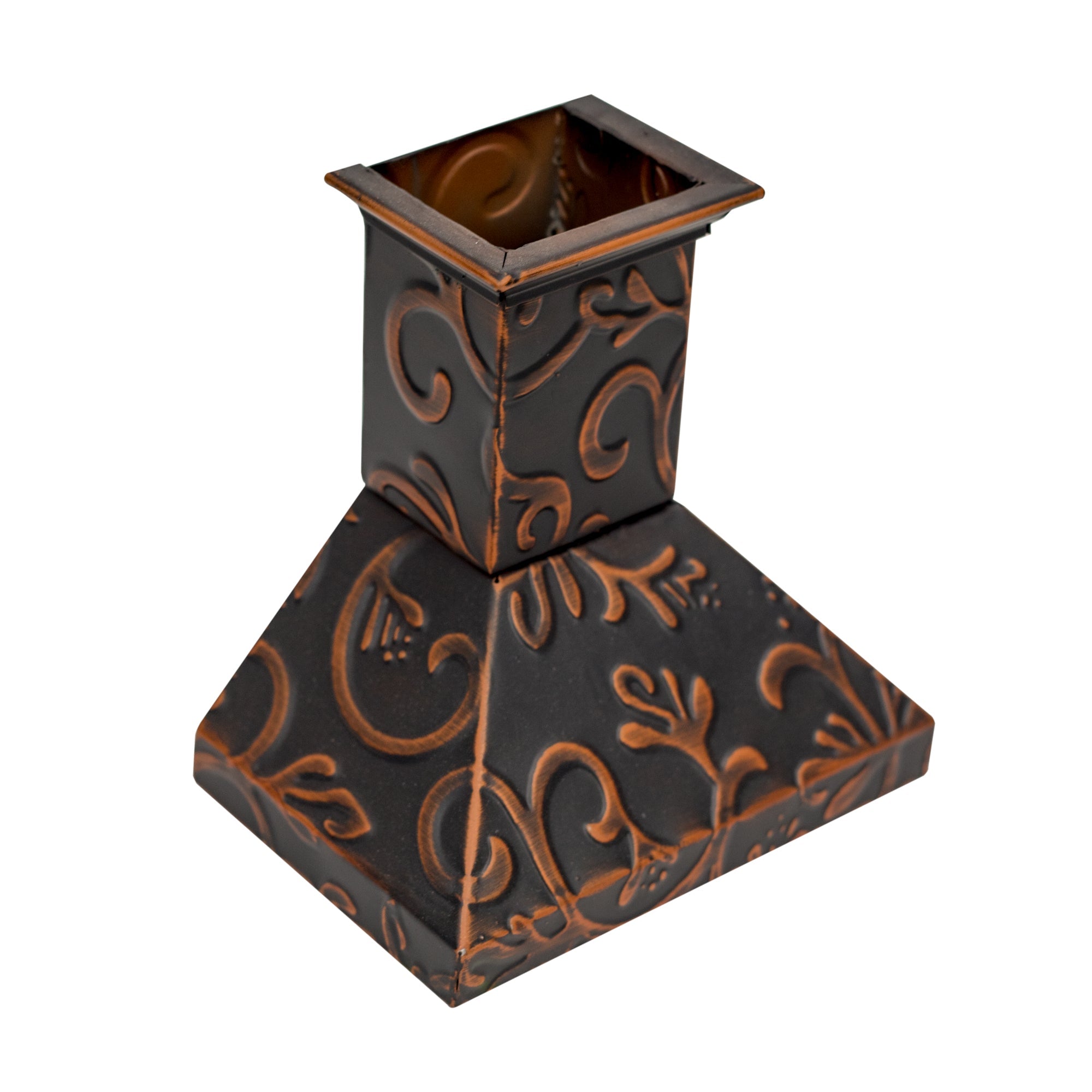 Floral mini range hood, dark bronze with copper scrollwork panels and open top