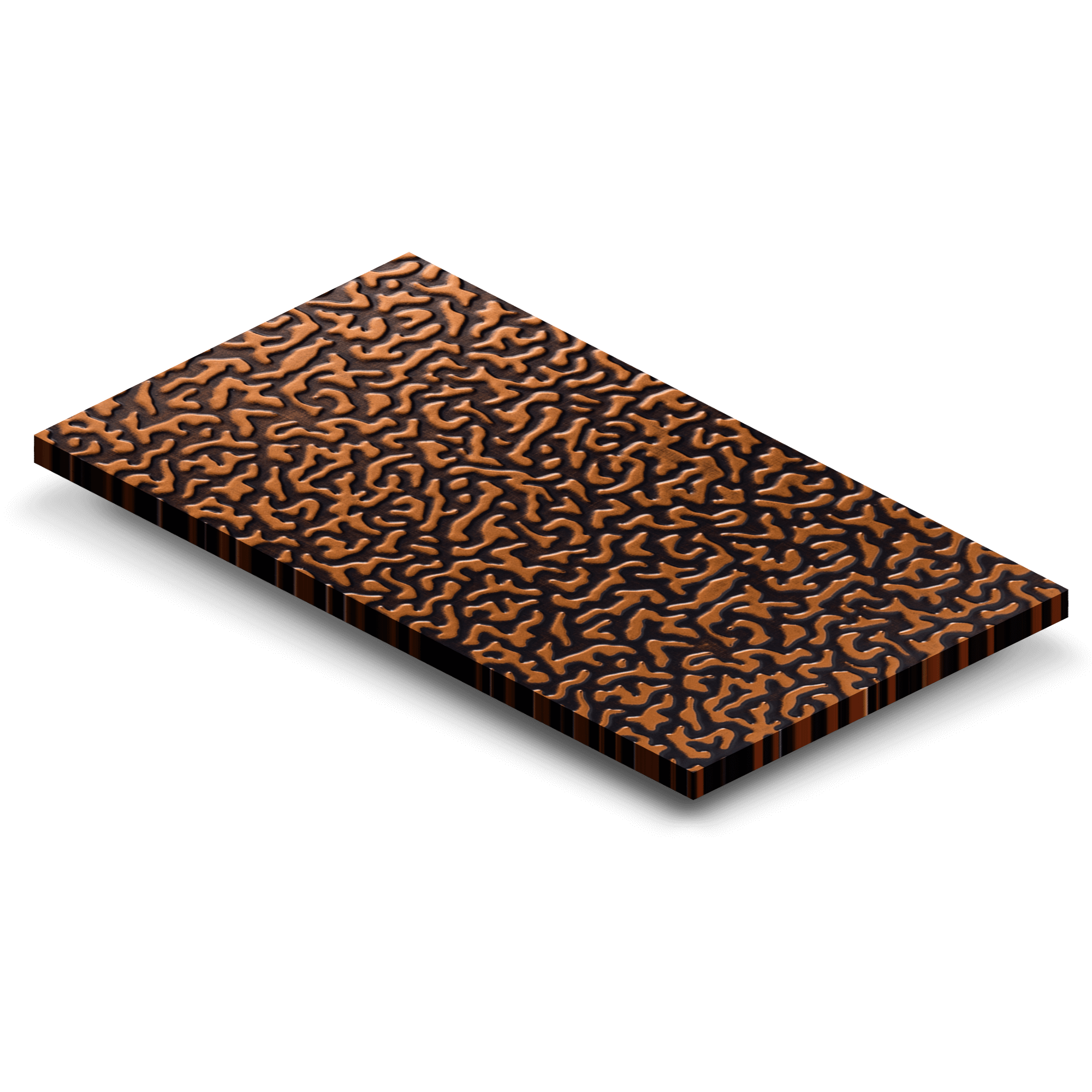 Embossed copper sample sheet (3 x 5 in) with raised dark textured pattern