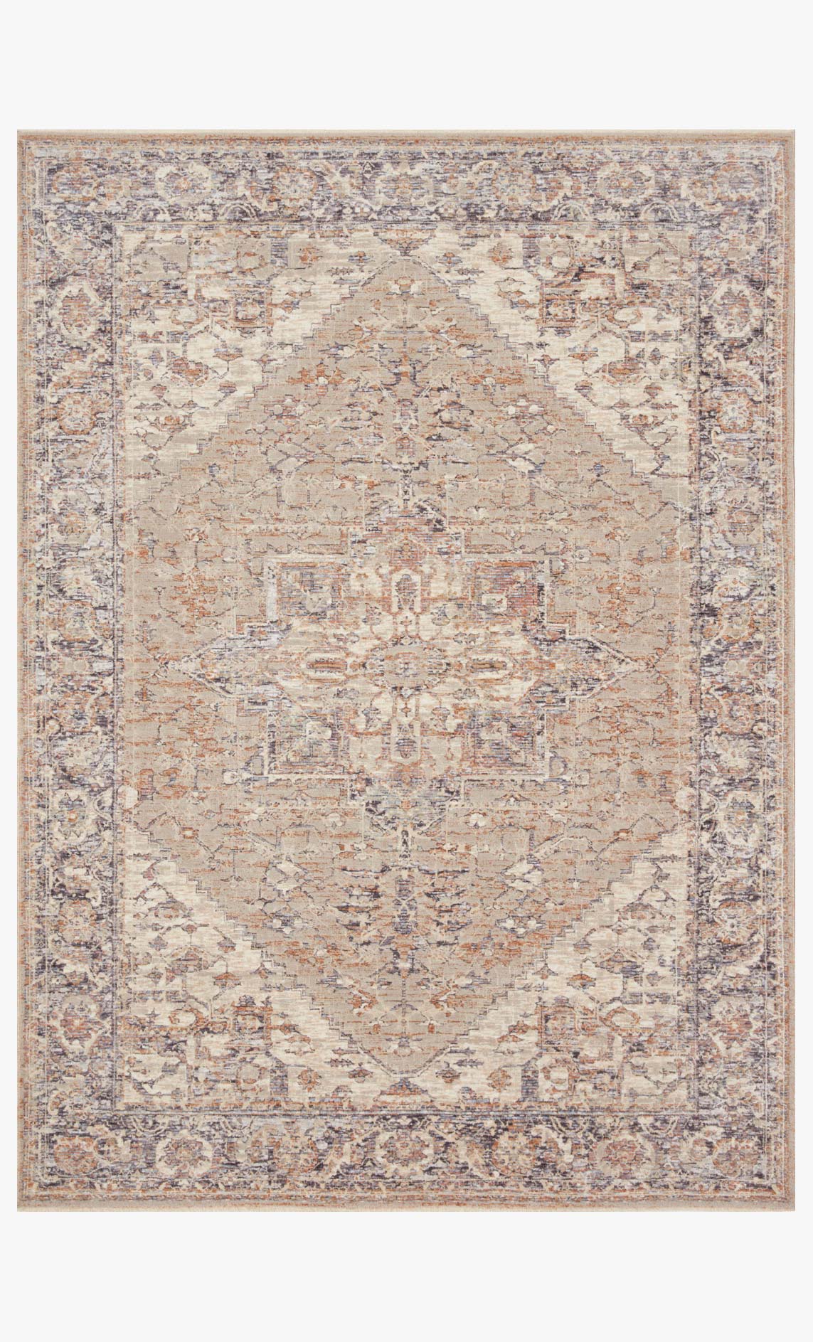 Transitional power-loomed rug with taupe and blue-gray distressed pattern and border
