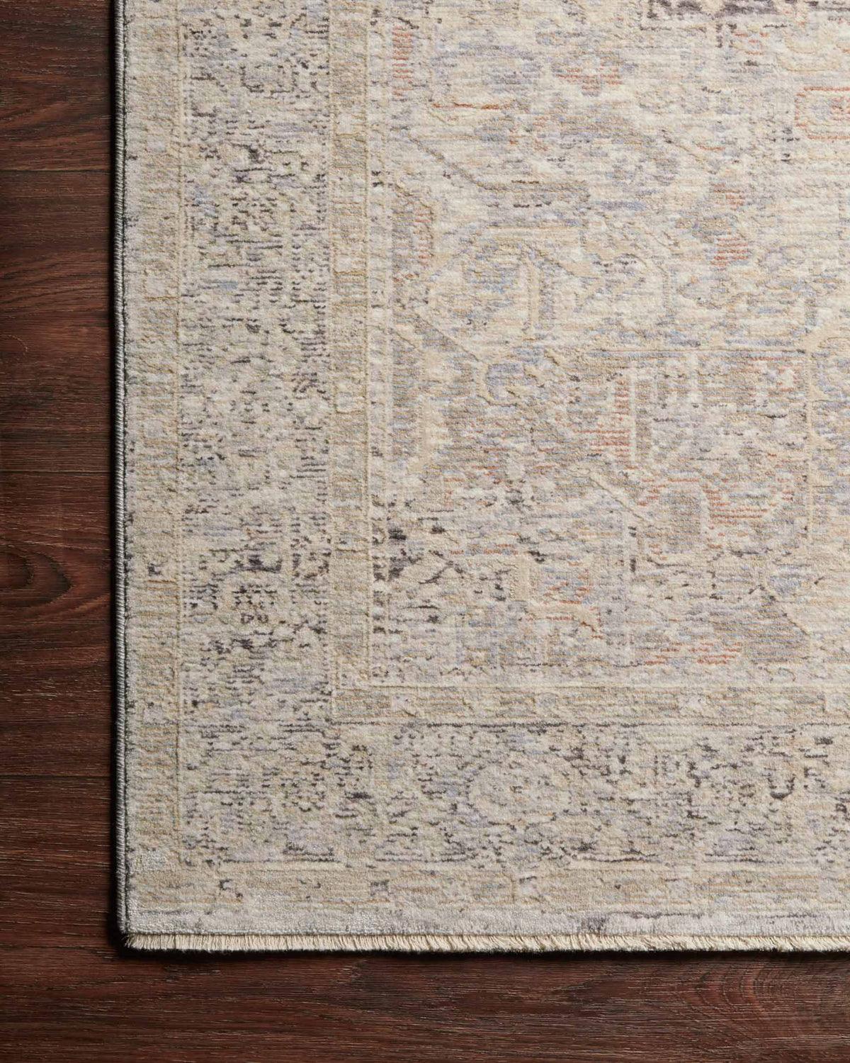 Ivory transitional power-loomed rug close-up with distressed pattern and textured border edge