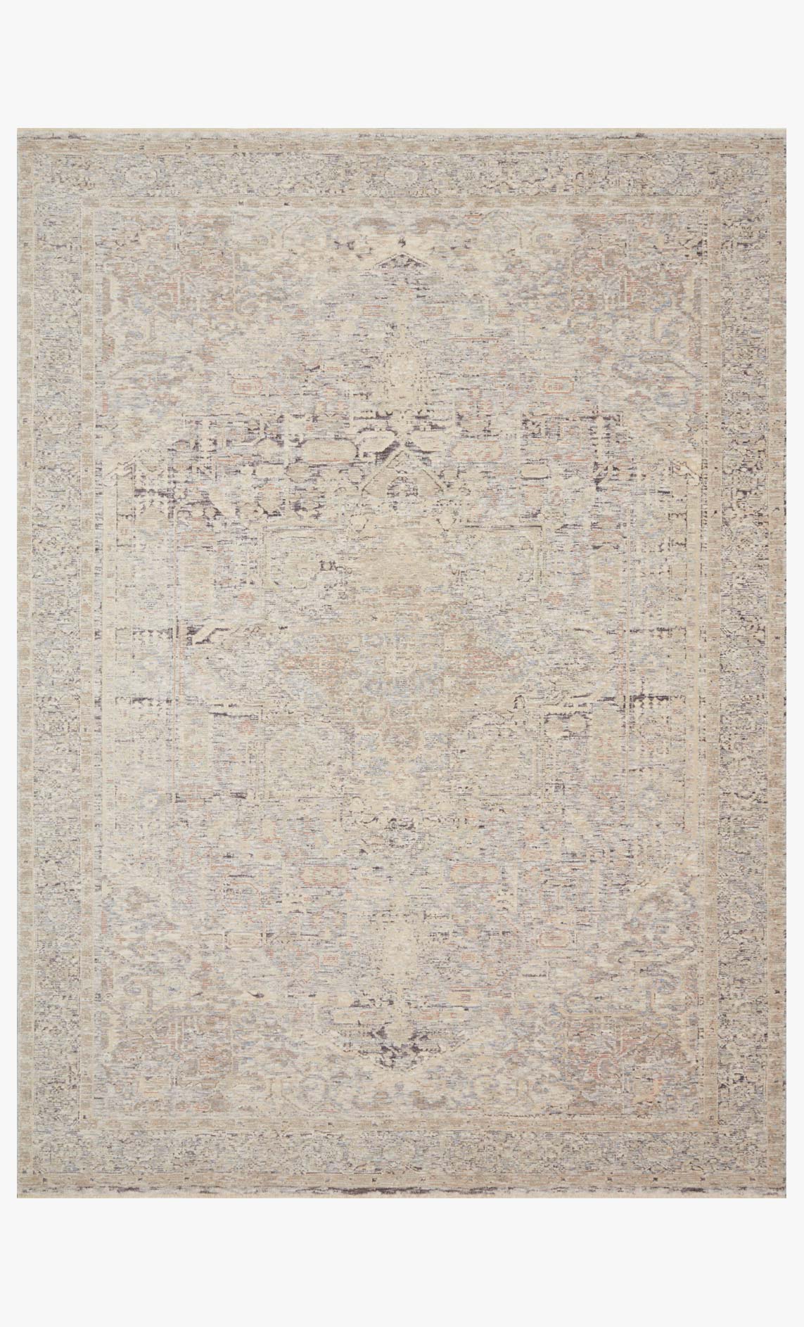 Transitional power-loomed rug in ivory with distressed geometric pattern, bordered design