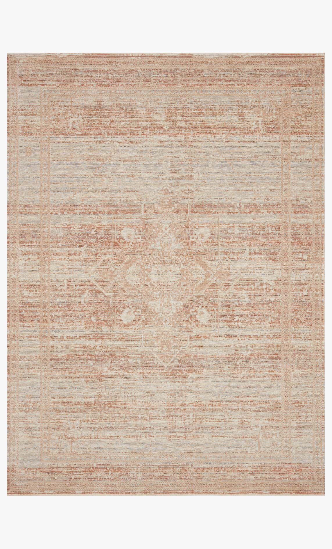Power loomed rug, distressed geometric pattern in terracotta and muted blue